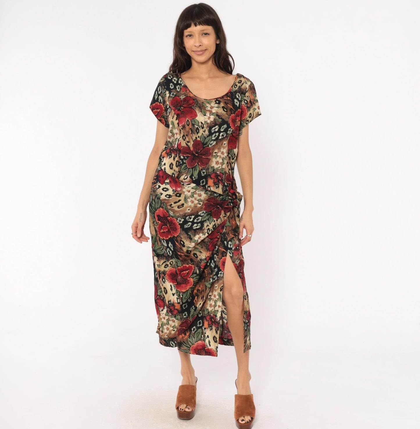90s Lew Magram Floral Leopard Midi Dress Red Hibiscus Animal Print Large L