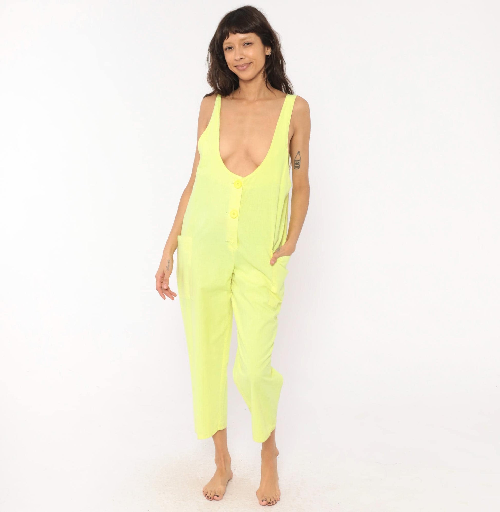 90s Ginger Neon Yellow Cotton Jumpsuit Deep V Neck Ankle Length Medium M