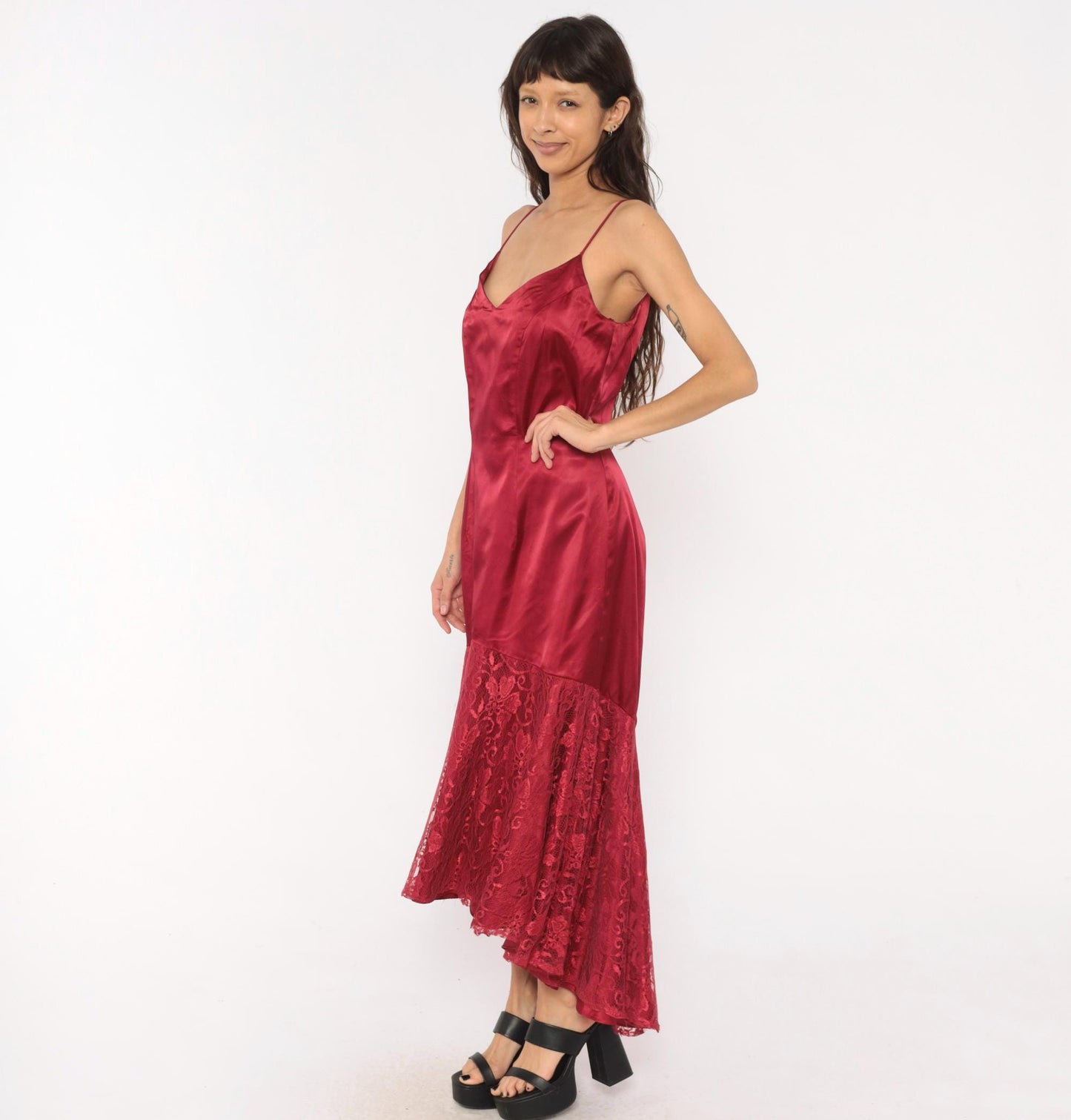 80s Burgundy Satin Slip Dress Mermaid Lace Hem V Neck Low Back Large L