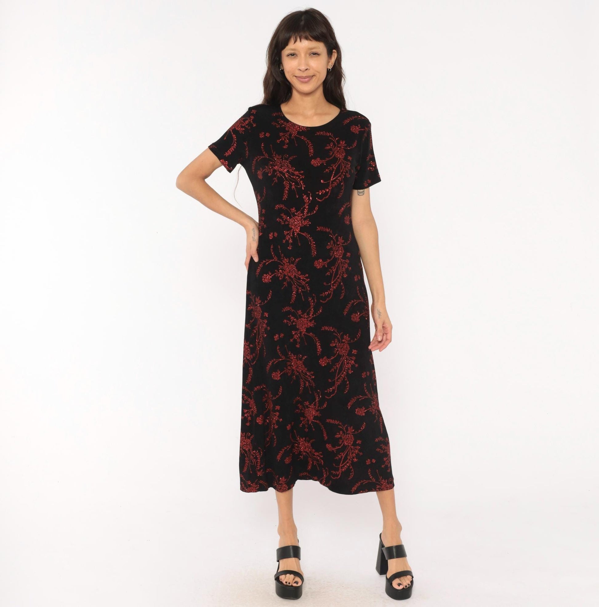 90s Black Maxi Dress Red Glitter Floral Print Short Sleeve Scoop Neck Medium Large