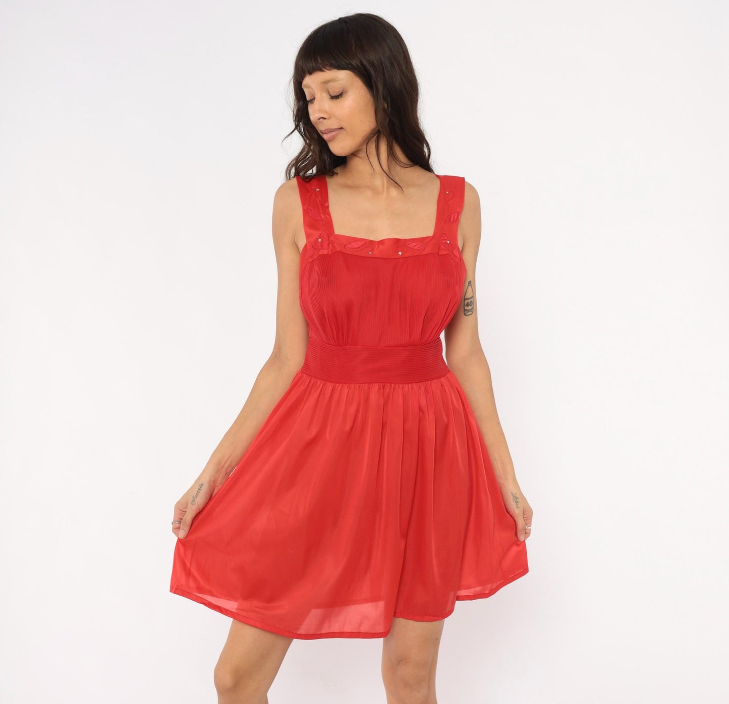 70s Red Babydoll Dress Satin Straps Embroidered Leaf Mini Nylon Medium M
