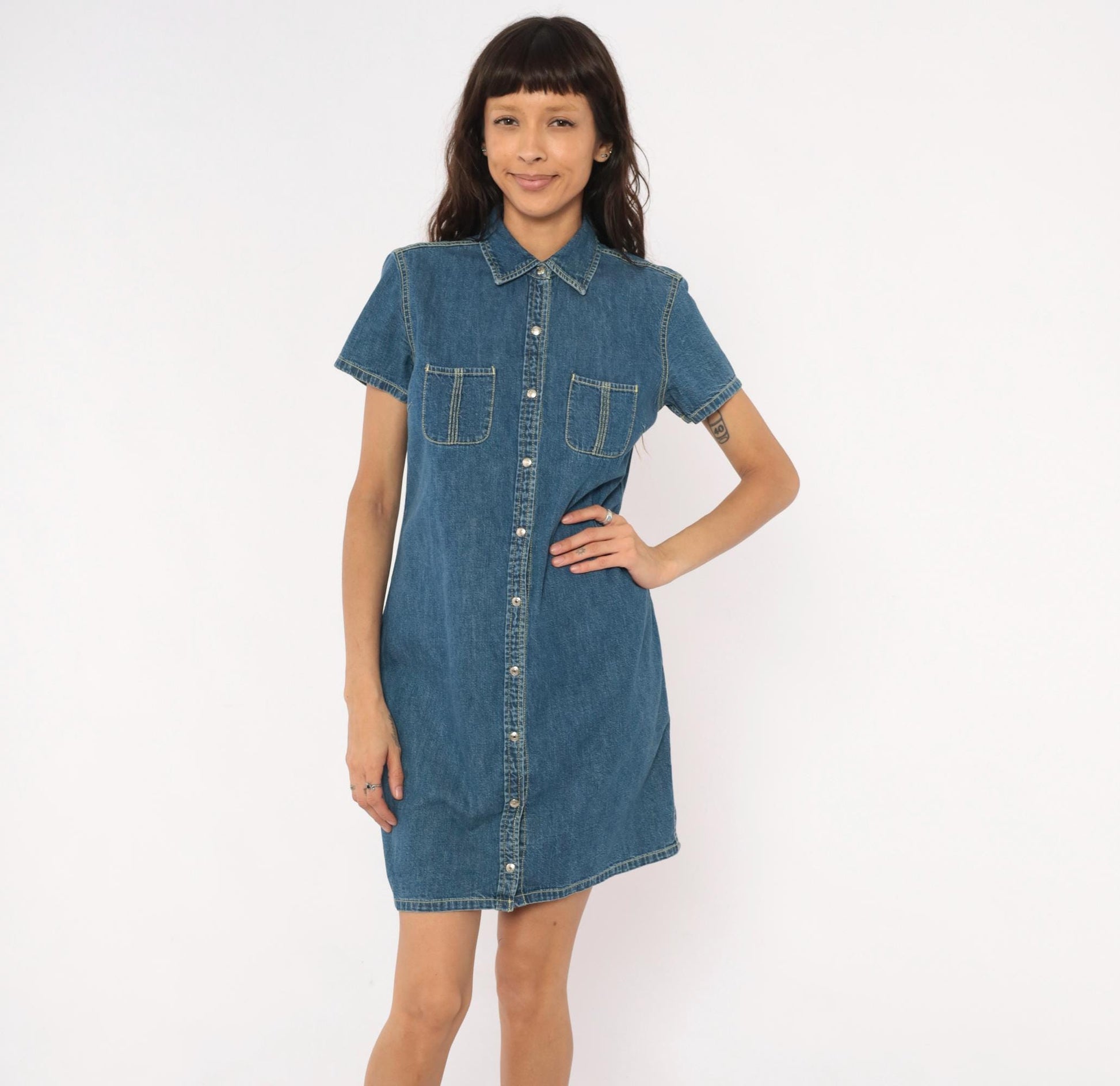 Y2K Tommy Hilfiger Denim Shirt Dress Blue Jean Snap Front Small S
