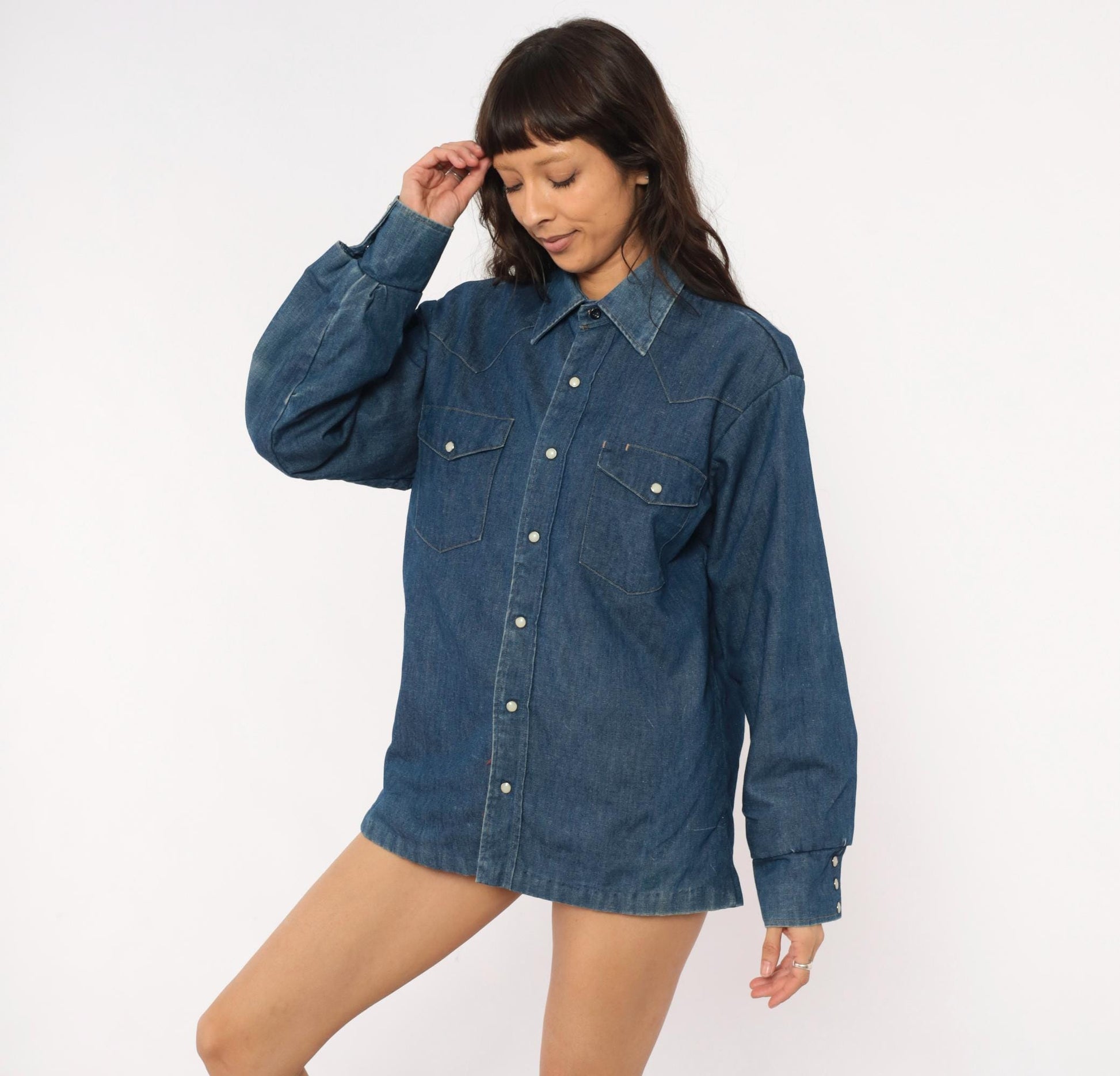 80s JC Penney Western Denim Shirt Cobalt Blue Pearl Snap Yoke Medium