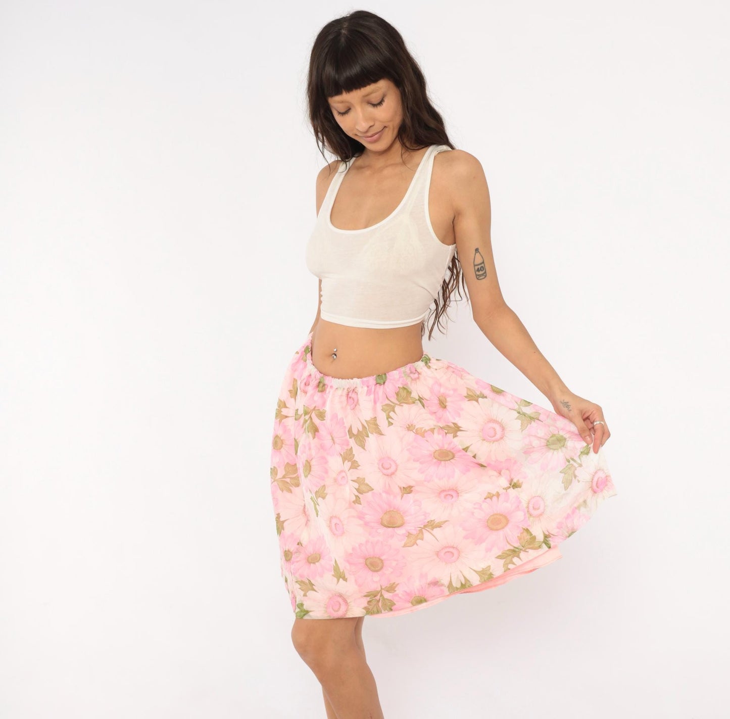 70s Pink Daisy Floral Skirt Gathered Waist A-Line Knee Length Medium Large