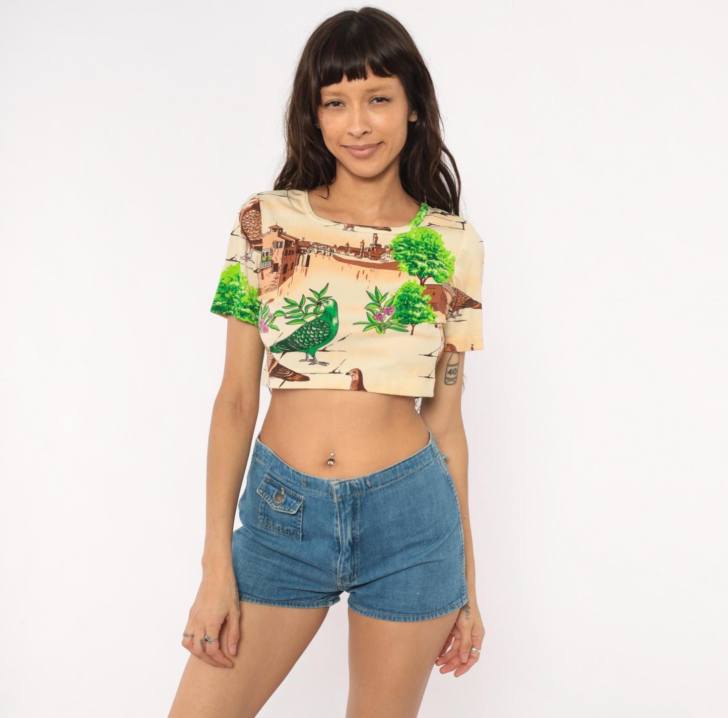 70s Pigeon Crop Top Novelty Bird Print Scoop Neck Fitted Small