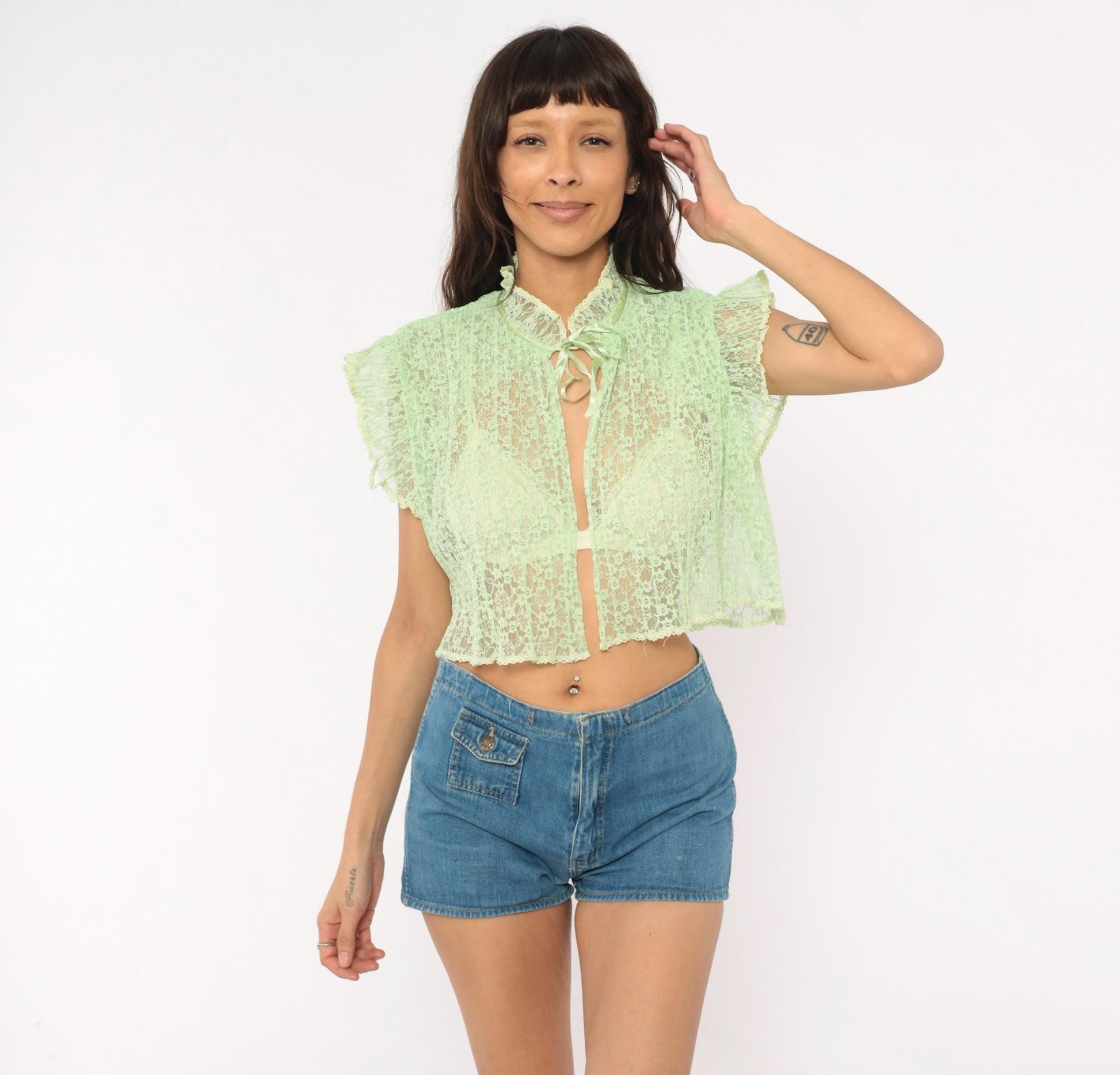 70s Mint Green Lace Crop Top Floral Sheer Ruffle Collar Small