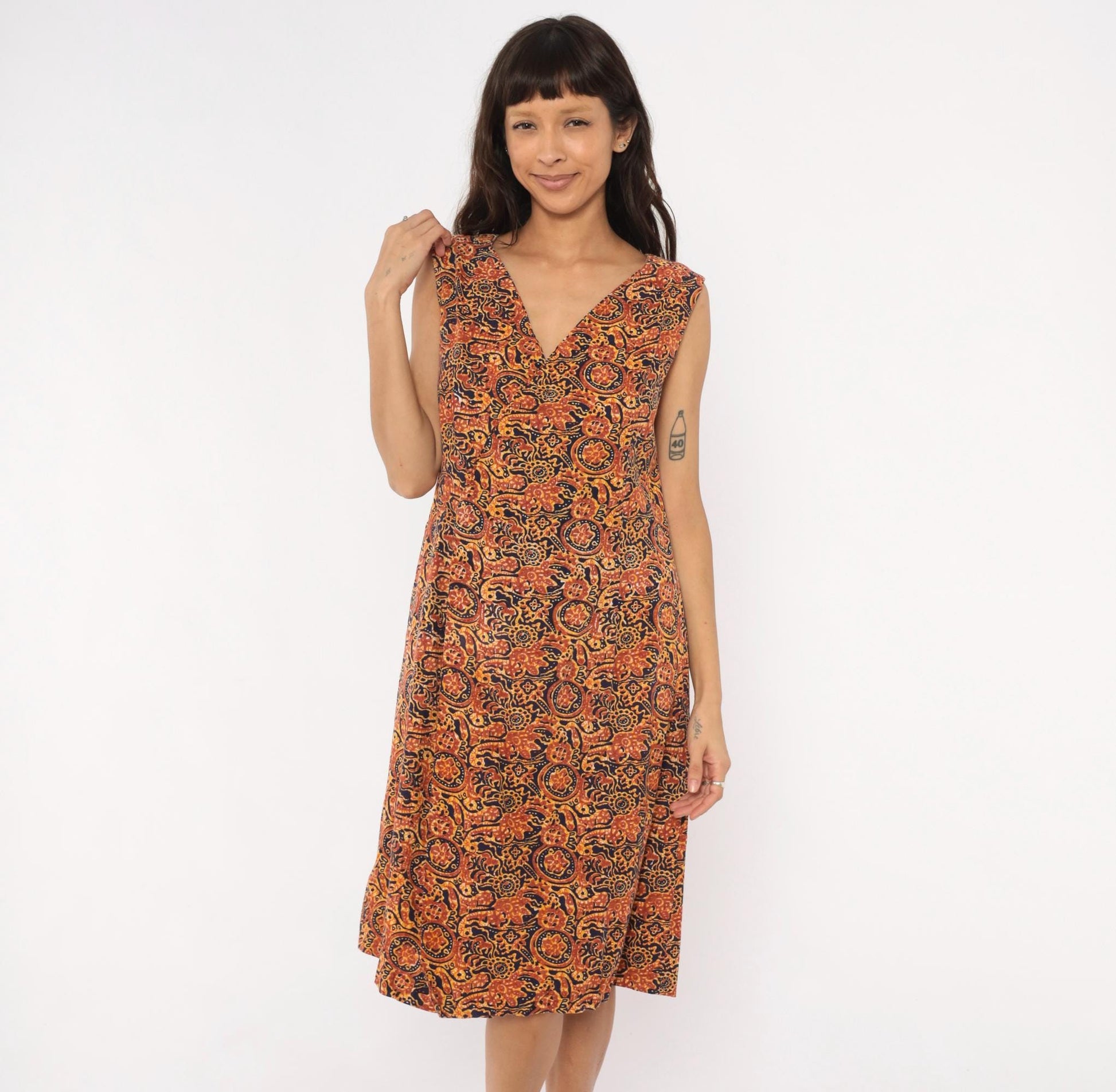 70s Batik Sundress Navy Rust Brown Paisley Floral Cotton V-Neck Medium M