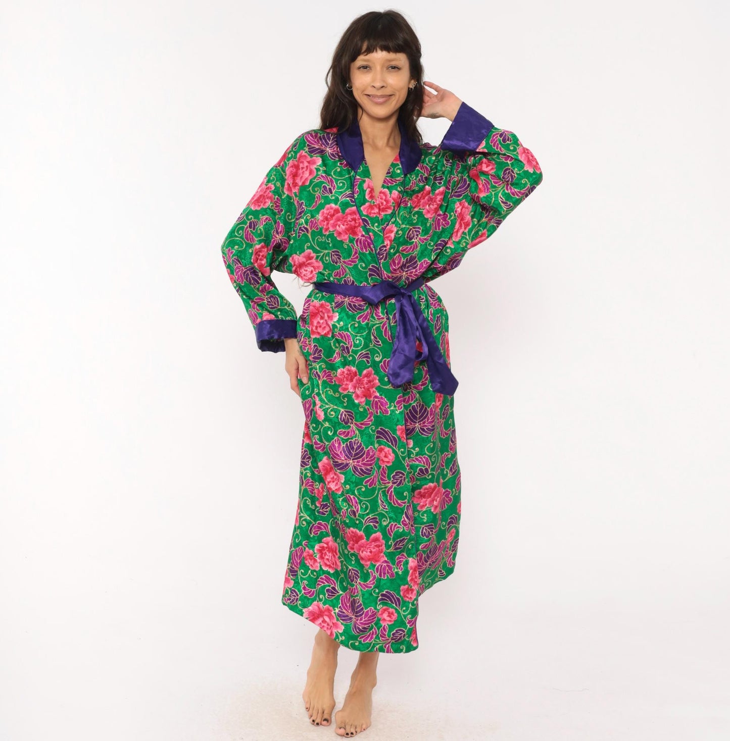 90s Victoria's Secret Green Floral Kimono Robe Satin Trim Medium Large