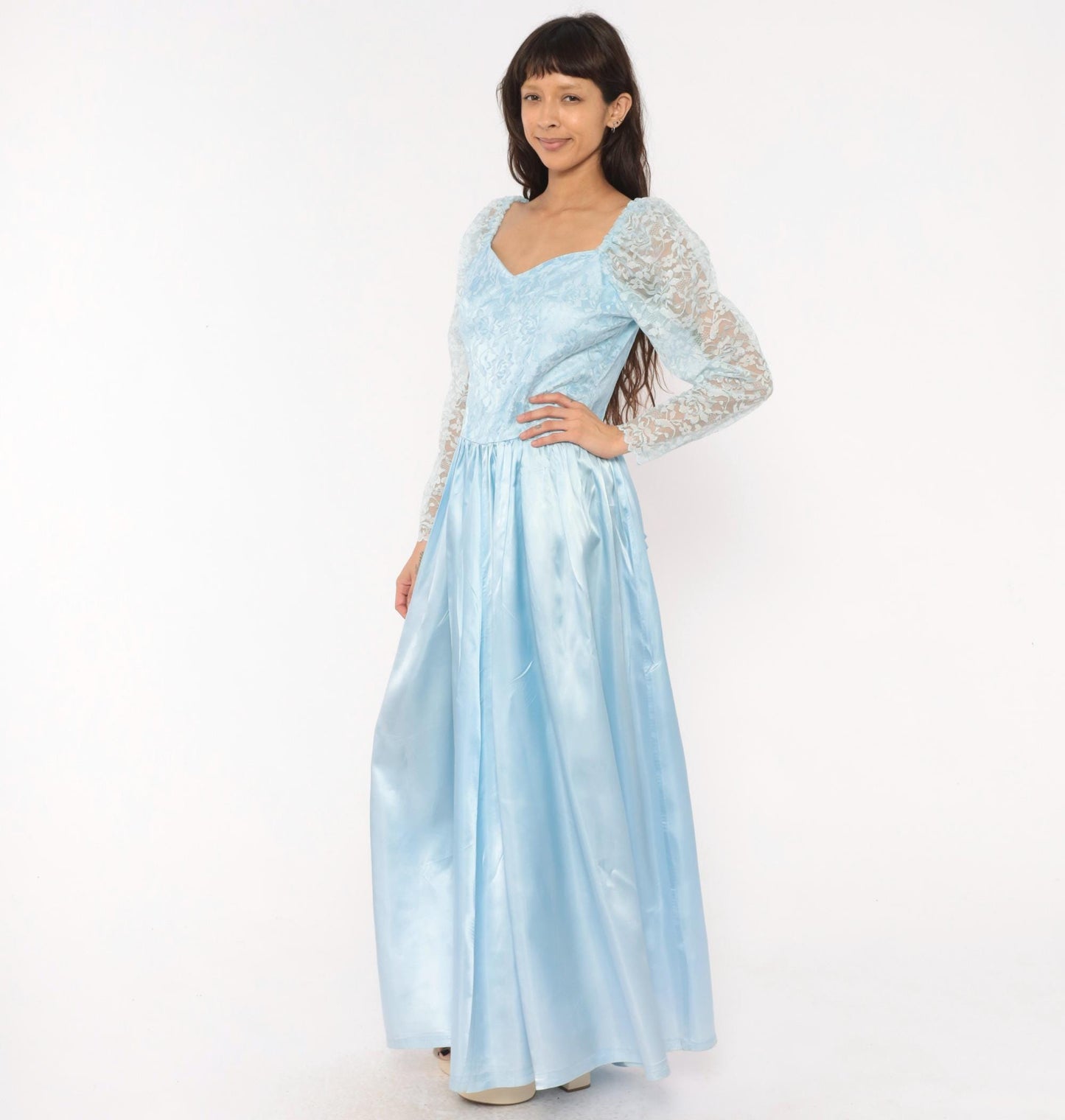 80s Sky Blue Lace Maxi Gown Sweetheart Neckline Drop Waist Bow Back Large L