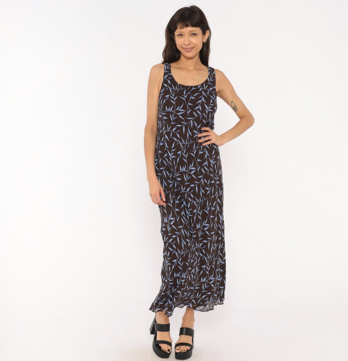 90s Carole Little Maxi Dress Brown Blue Leaf Print Scoop Neck Small S