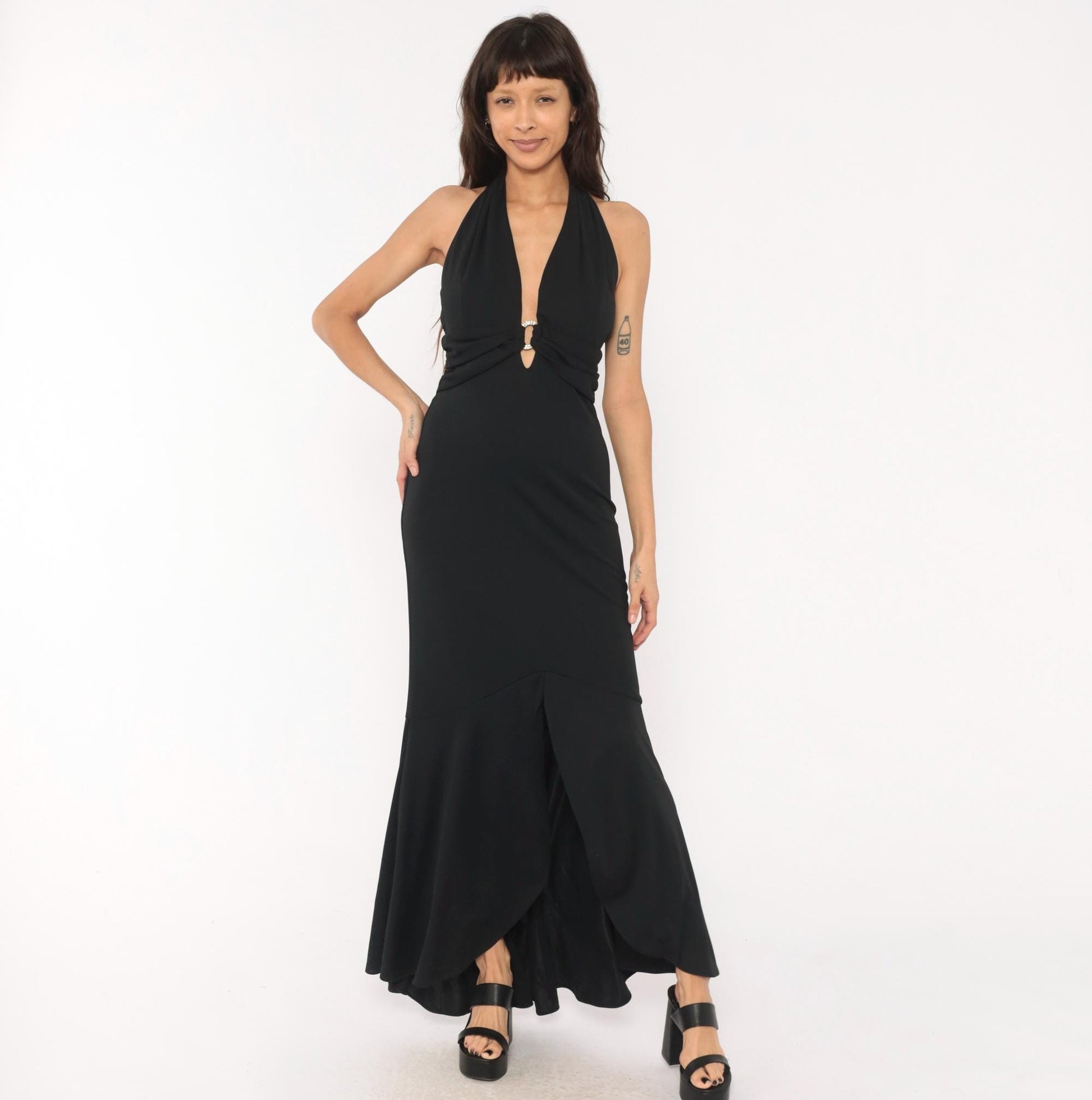 90s Black Halter Gown Deep Plunge Rhinestone Brooch Mermaid Hem Medium M