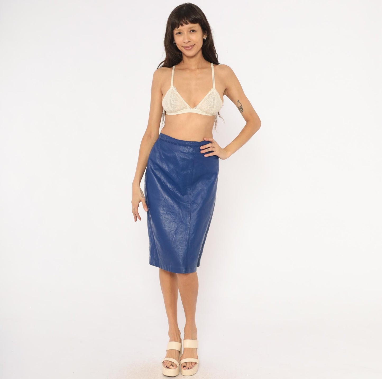 80s Bagatelle Cobalt Faux Leather Pencil Skirt High Waist Midi Side Zip Size 16