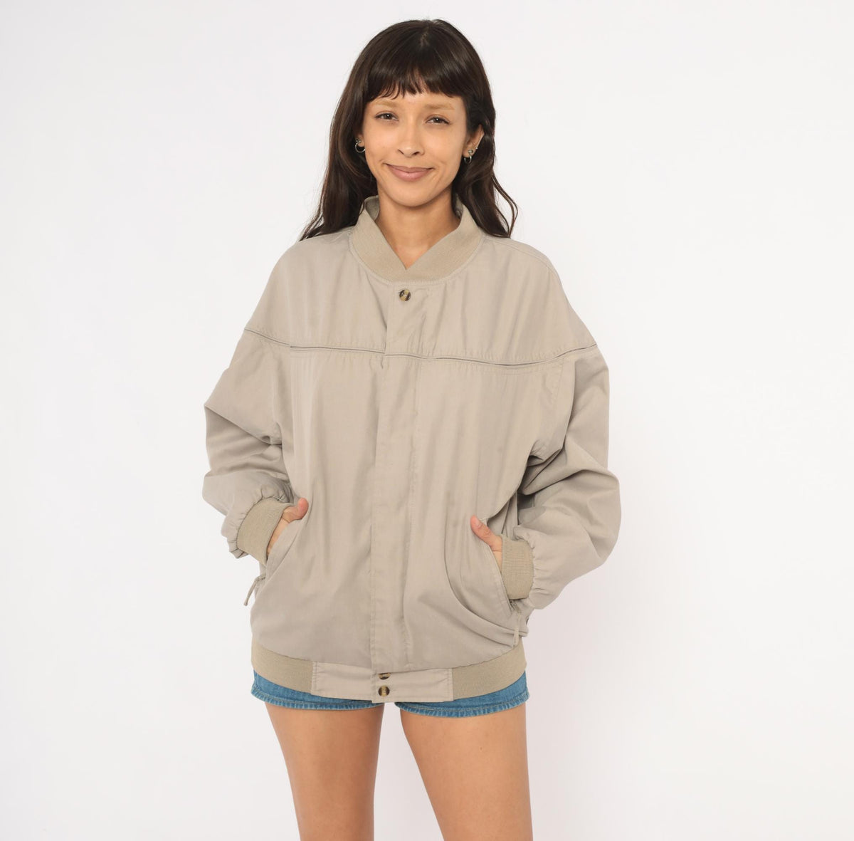 80s Windbreaker Bomber Jacket Tan Ribbed Knit Collar Small