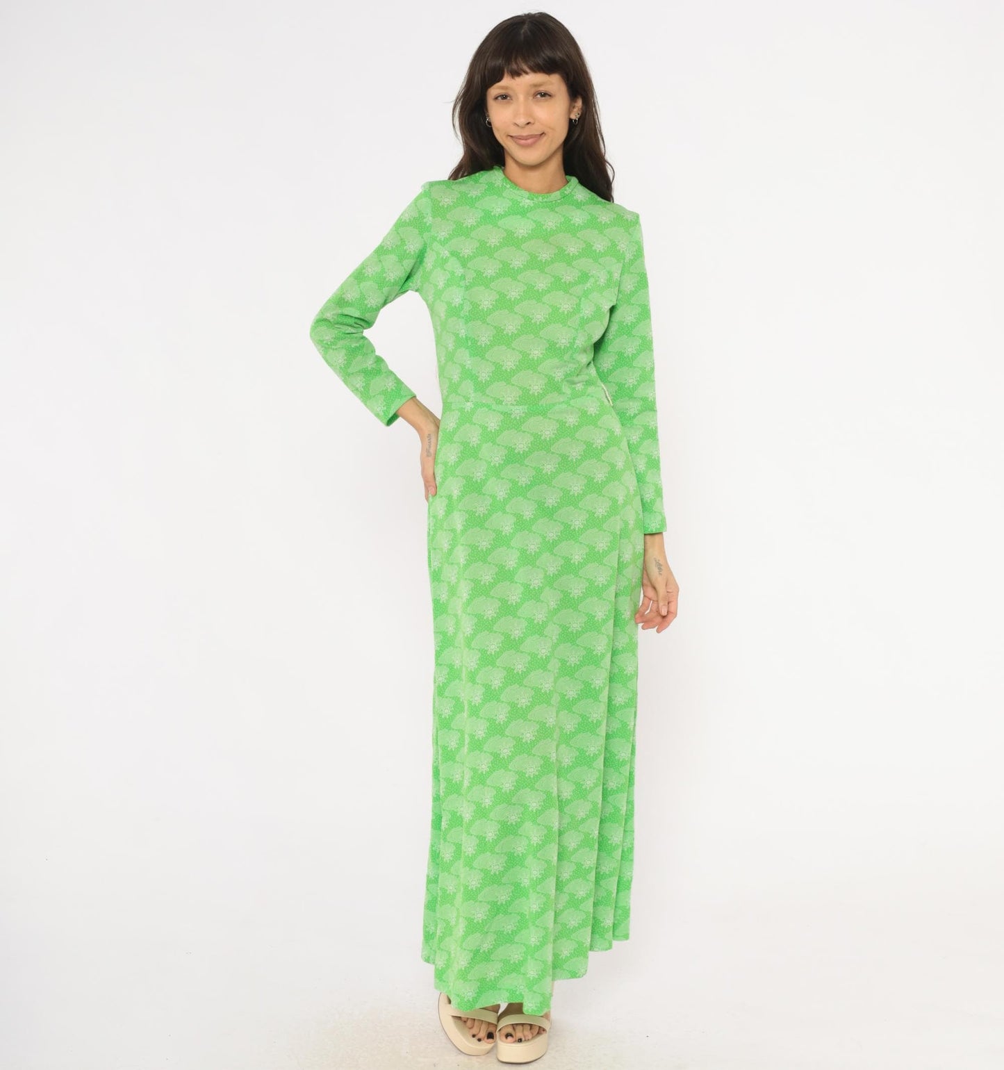 70s Green Maxi Dress Sun Cloud Print Long Sleeve Knit Small