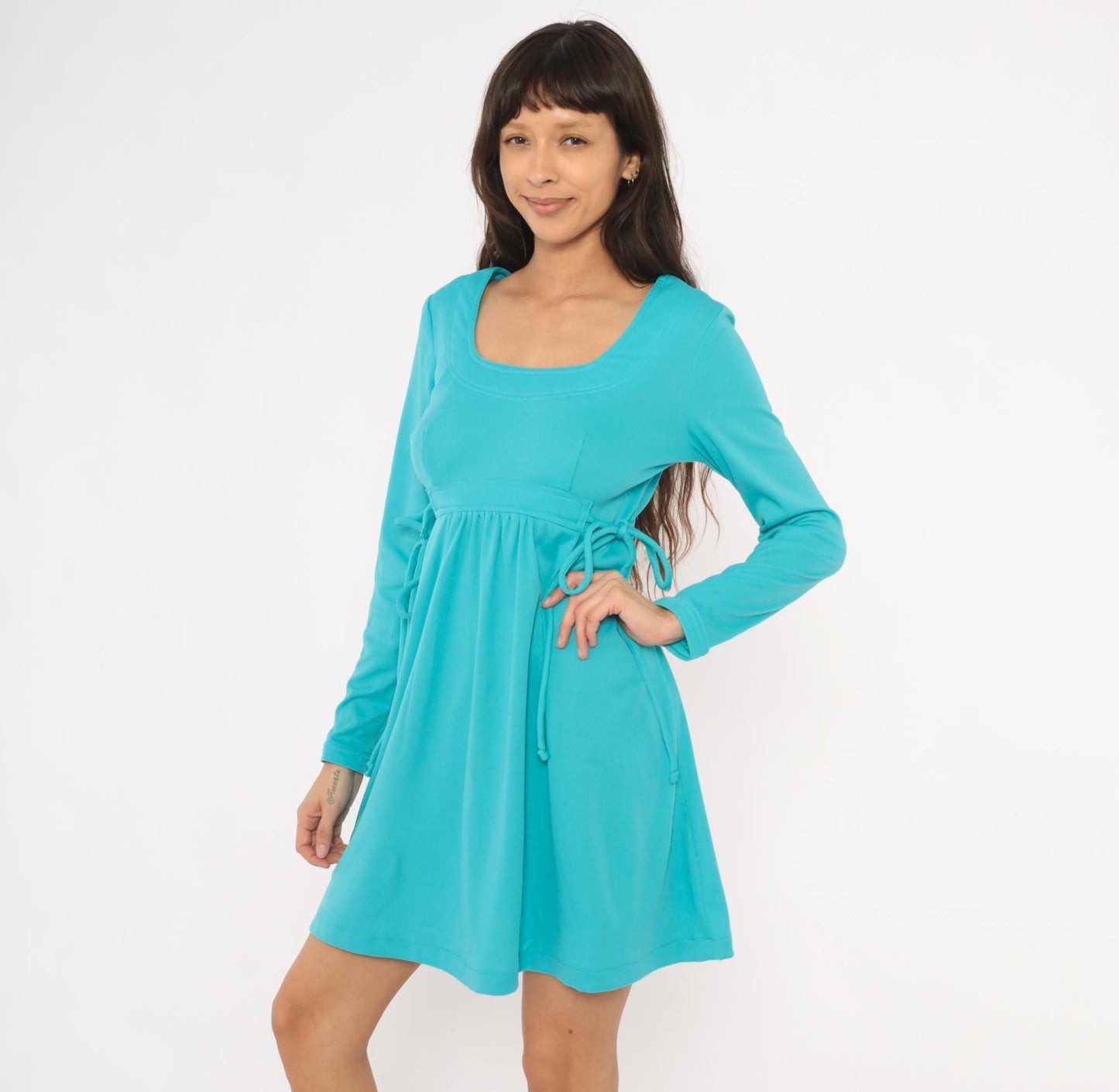 70s Aqua Babydoll Mini Dress Empire Waist Tie Side Long Sleeve Medium M