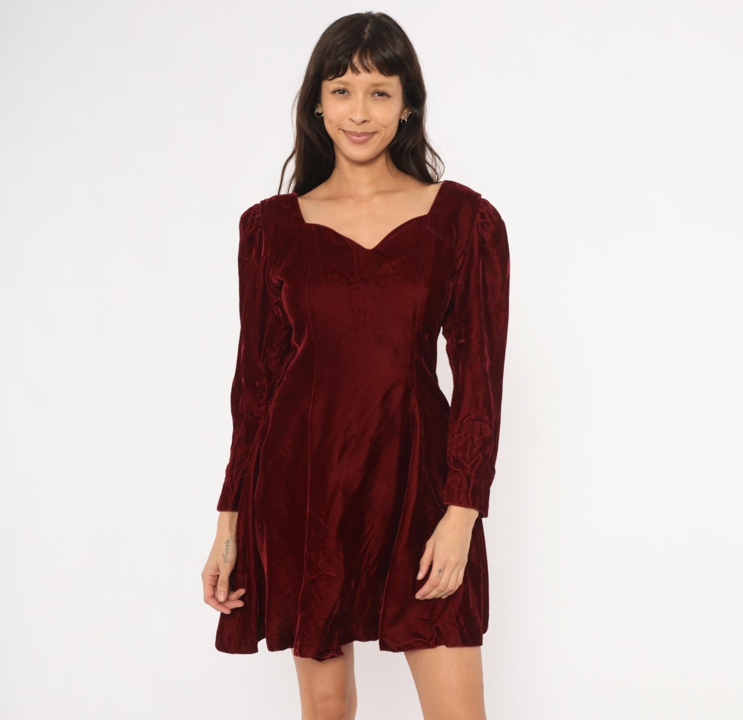 90s Perspective Burgundy Velvet Mini Dress Sweetheart Neckline Puff Sleeve Small S
