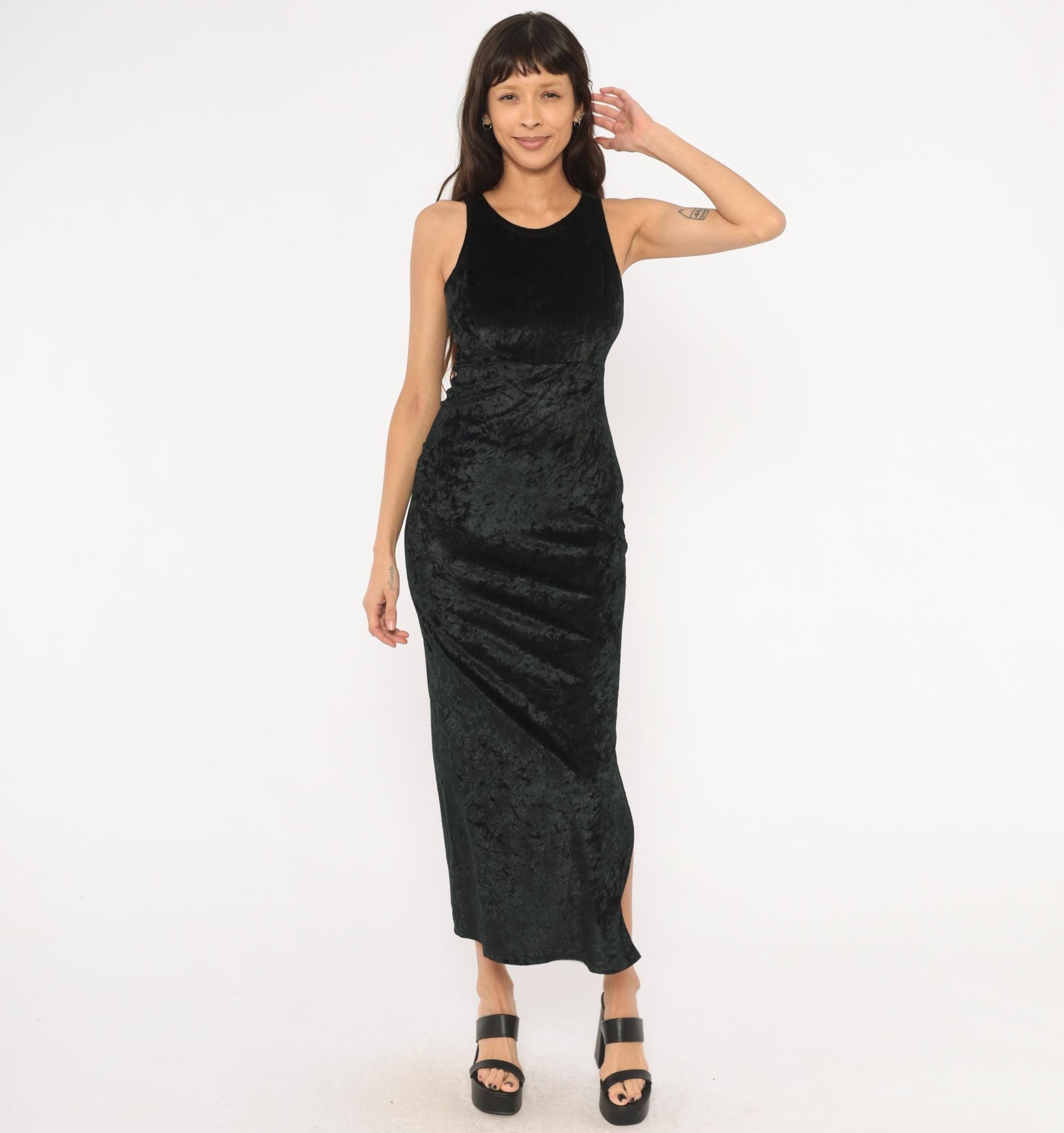 90s Hana Black Crushed Velvet Maxi Dress Sleeveless Scoop Neck Small S