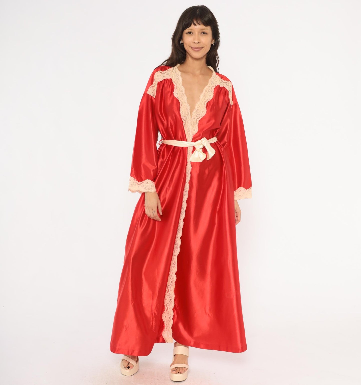 70s Tom Bezduda Barad Red Satin Robe Lace Trim Maxi Tie Front Medium