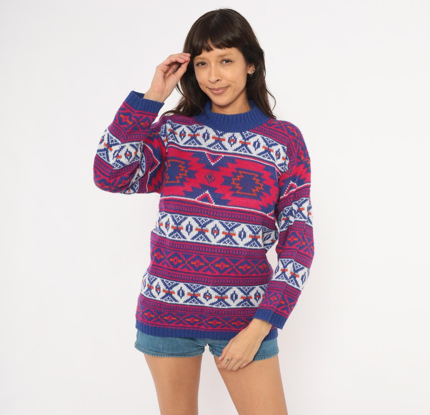 90s Croquet Southwestern Geometric Knit Pullover Navy Blue Pink Medium M