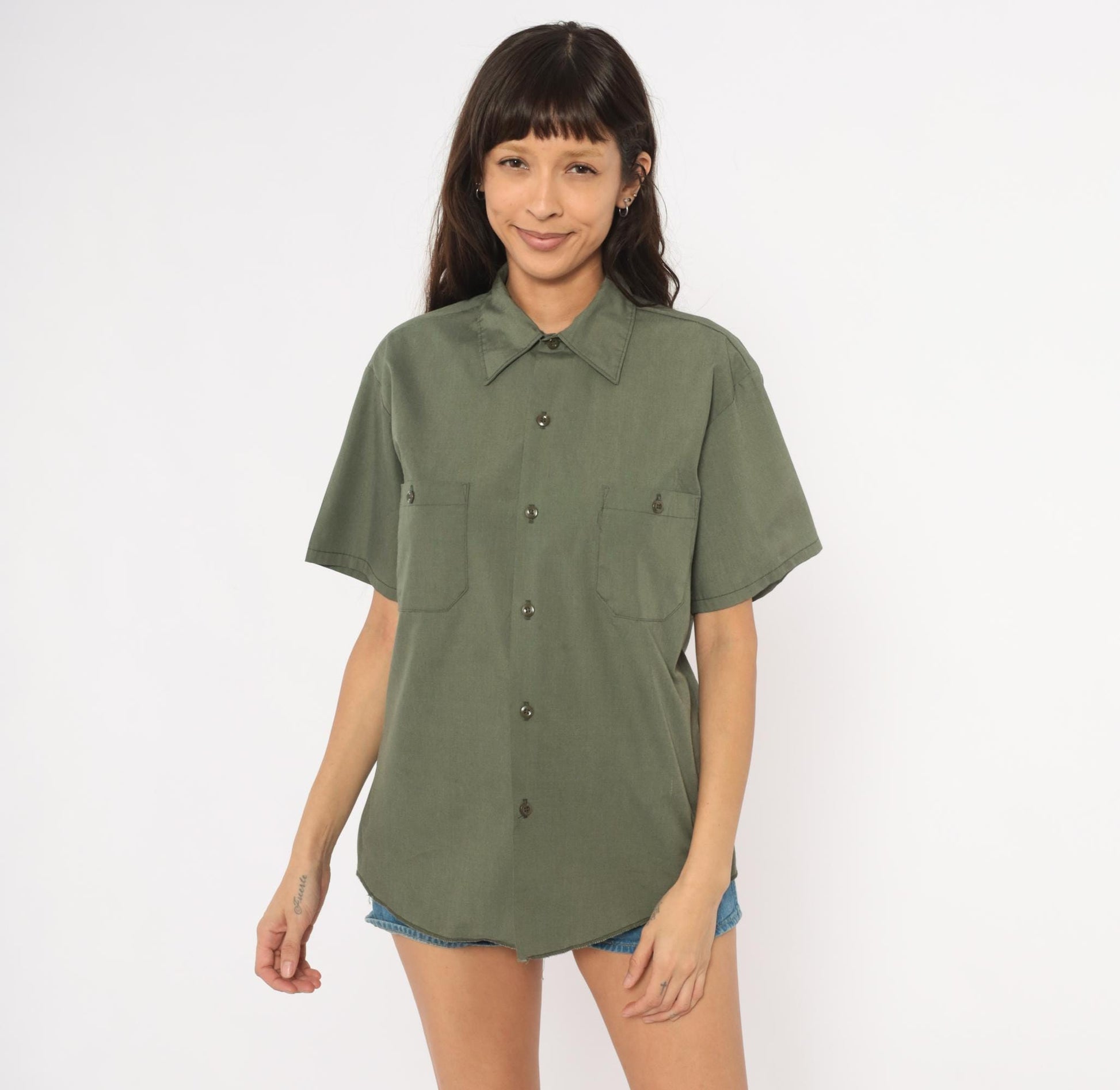 70s Sears Olive Work Shirt Pointed Collar Short Sleeve Utility Blouse Medium M