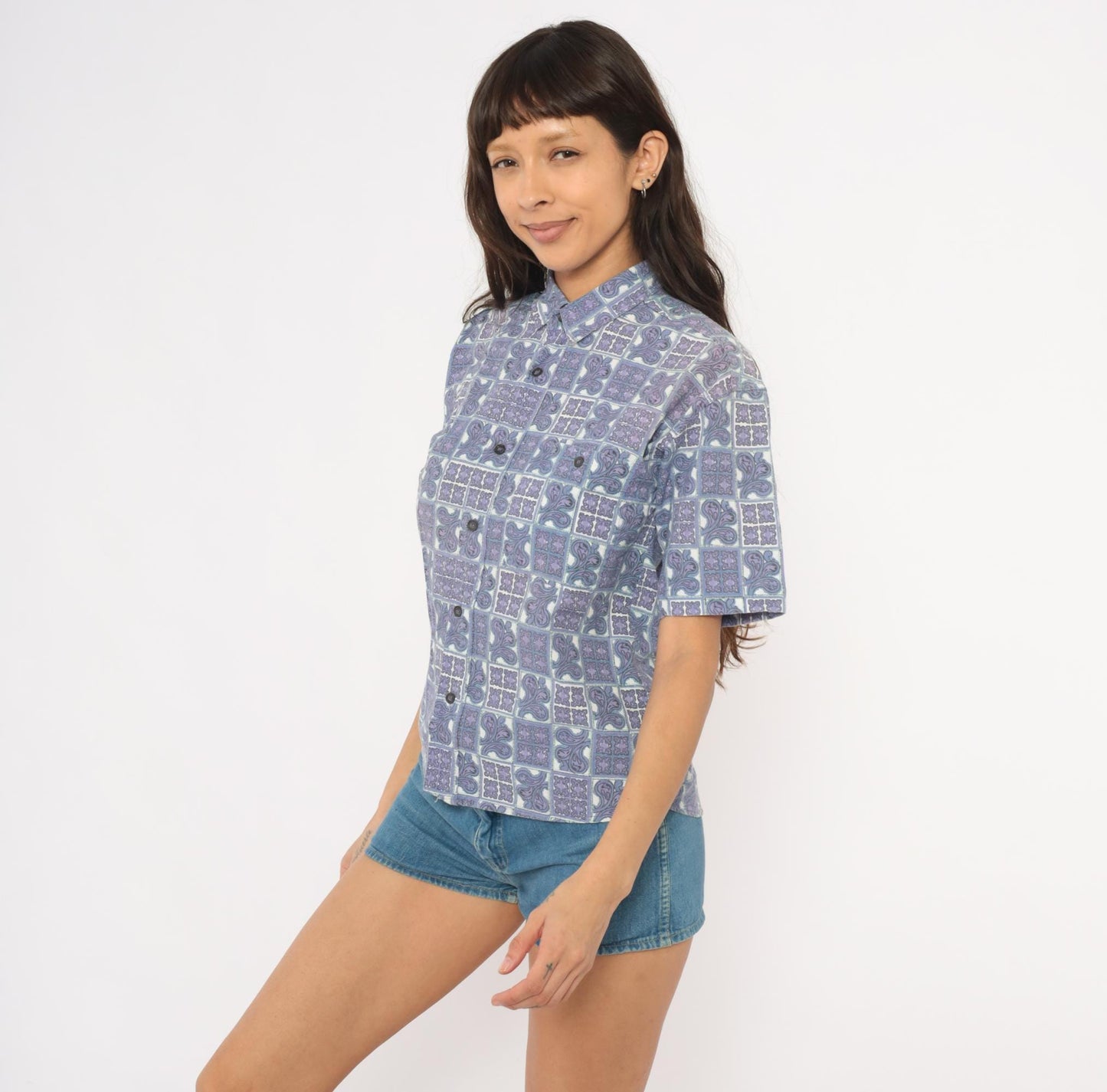 90s Tomorrow's Generation Tile Print Shirt Purple Paisley Cotton XS
