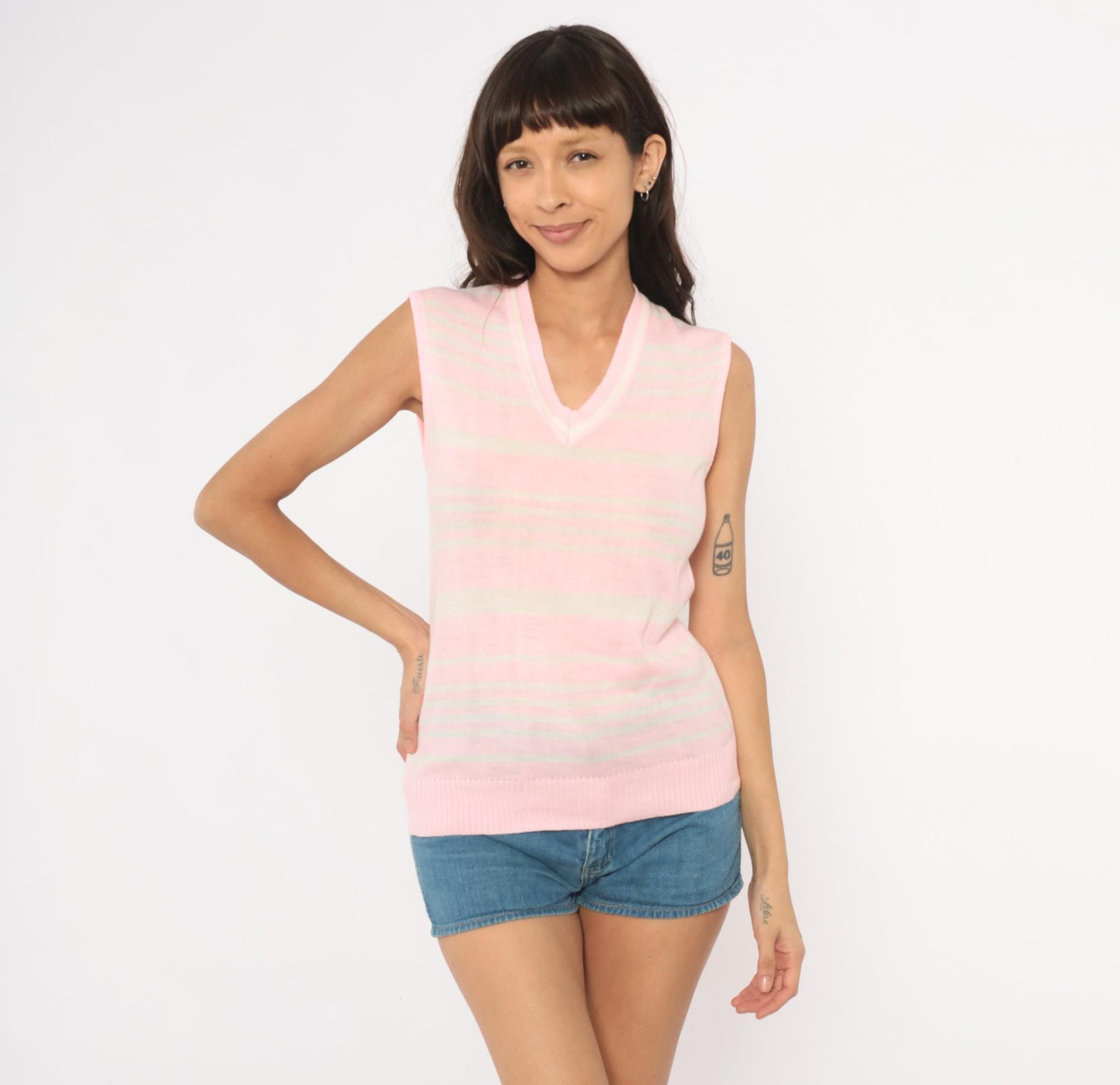 70s Pink White Striped Sweater Vest V Neck Sleeveless Knit Small
