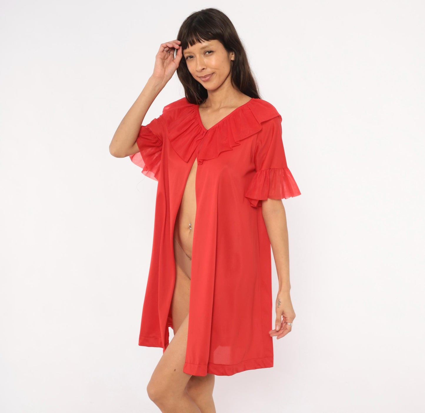 70s Le Voys Red Peignoir Robe Sheer Ruffle Collar Flutter Sleeve Medium