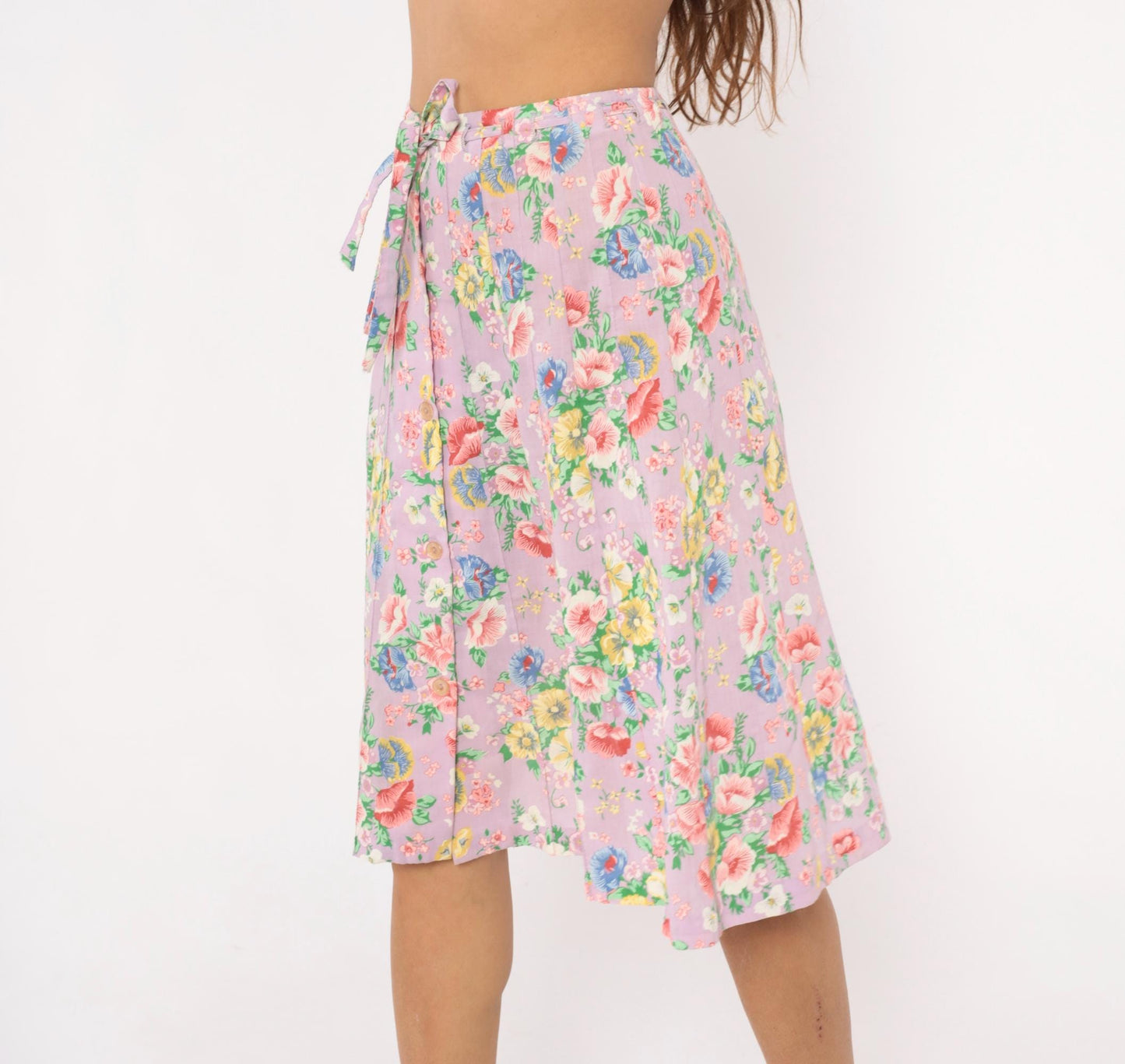 80s Lilac Floral Pleated Skirt Button Front Knee Length Cotton Small