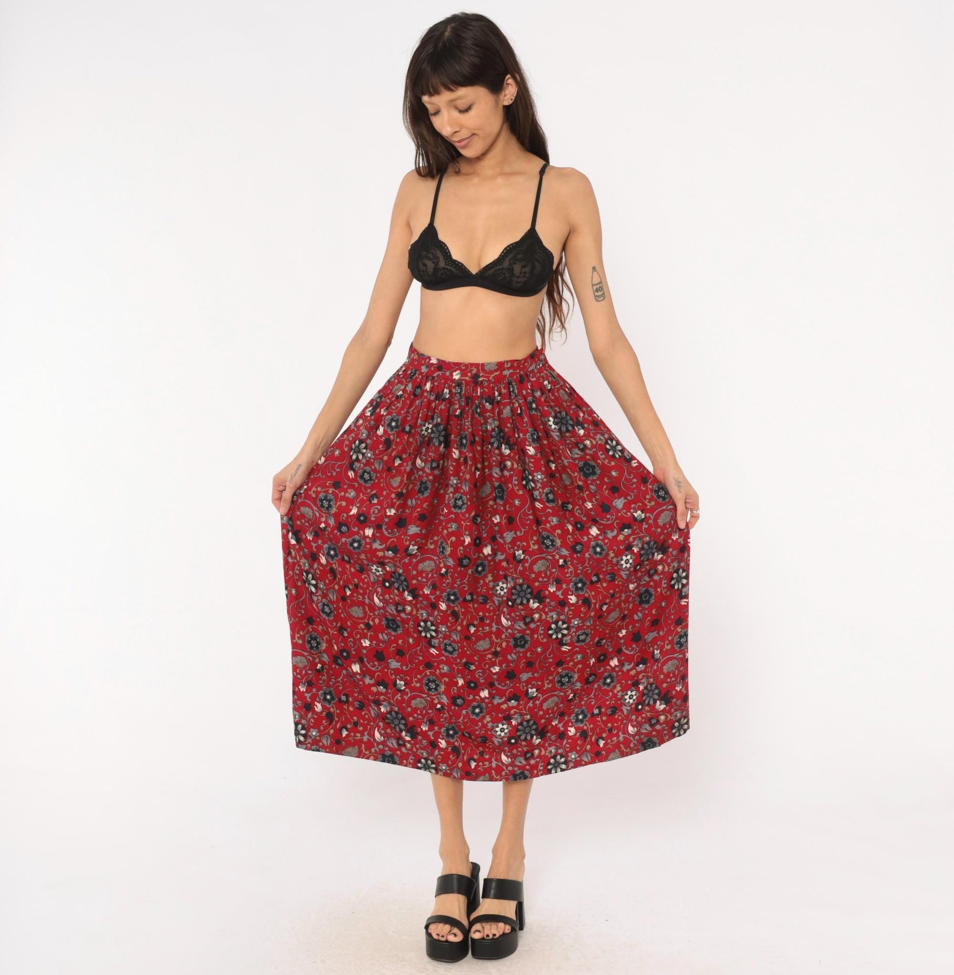 80s David Brooks Floral Midi Skirt Crimson Botanical Gathered Waist Small