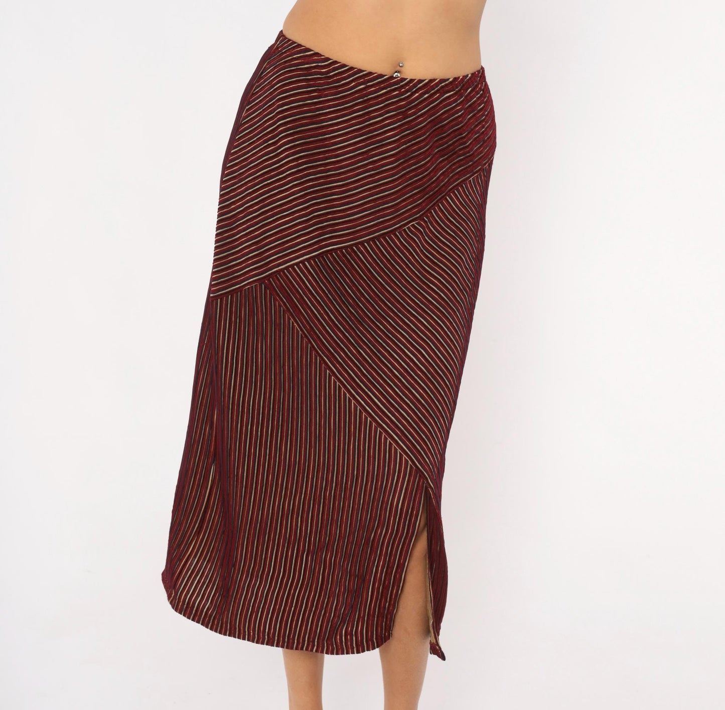 80s Gail Morgado Burgundy Pinstripe Midi Skirt Chevron Panel Small