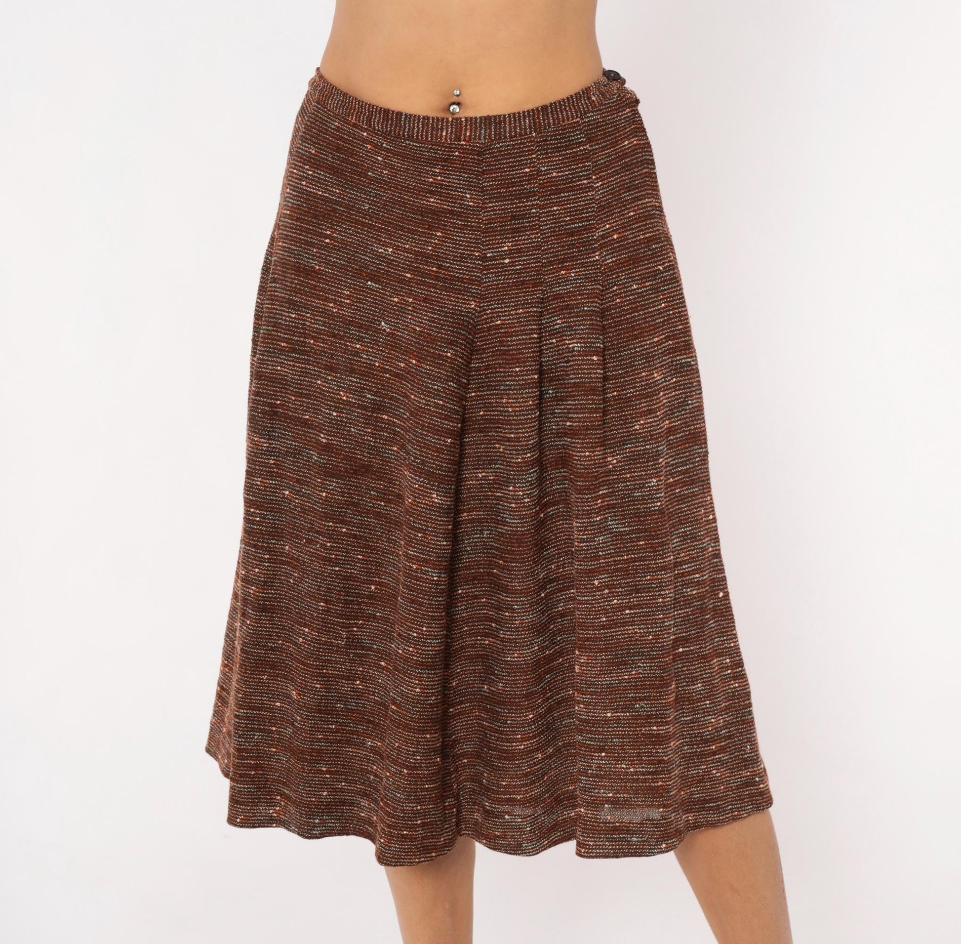 70s Brown Tweed Knit A-Line Midi Skirt Speckled Earth Tone Small