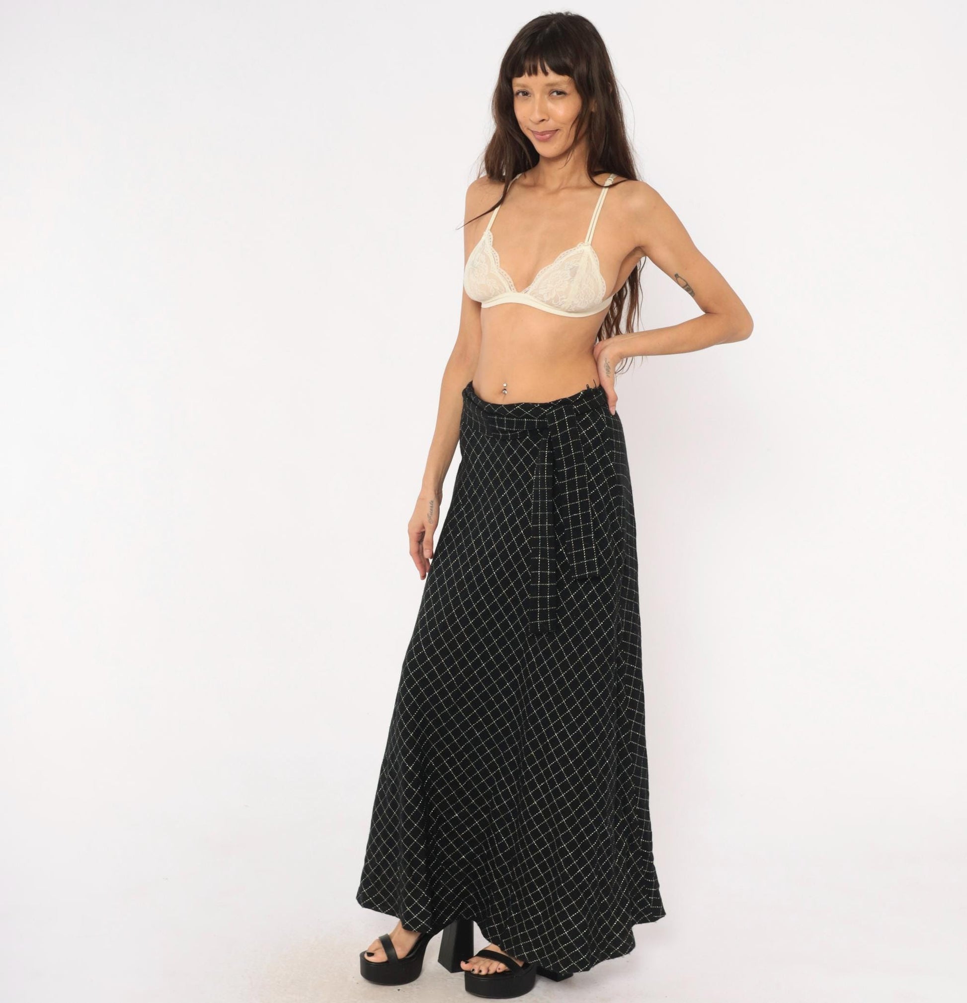 70s Signature Black Maxi Skirt Diamond Quilted Silver Metallic Medium M