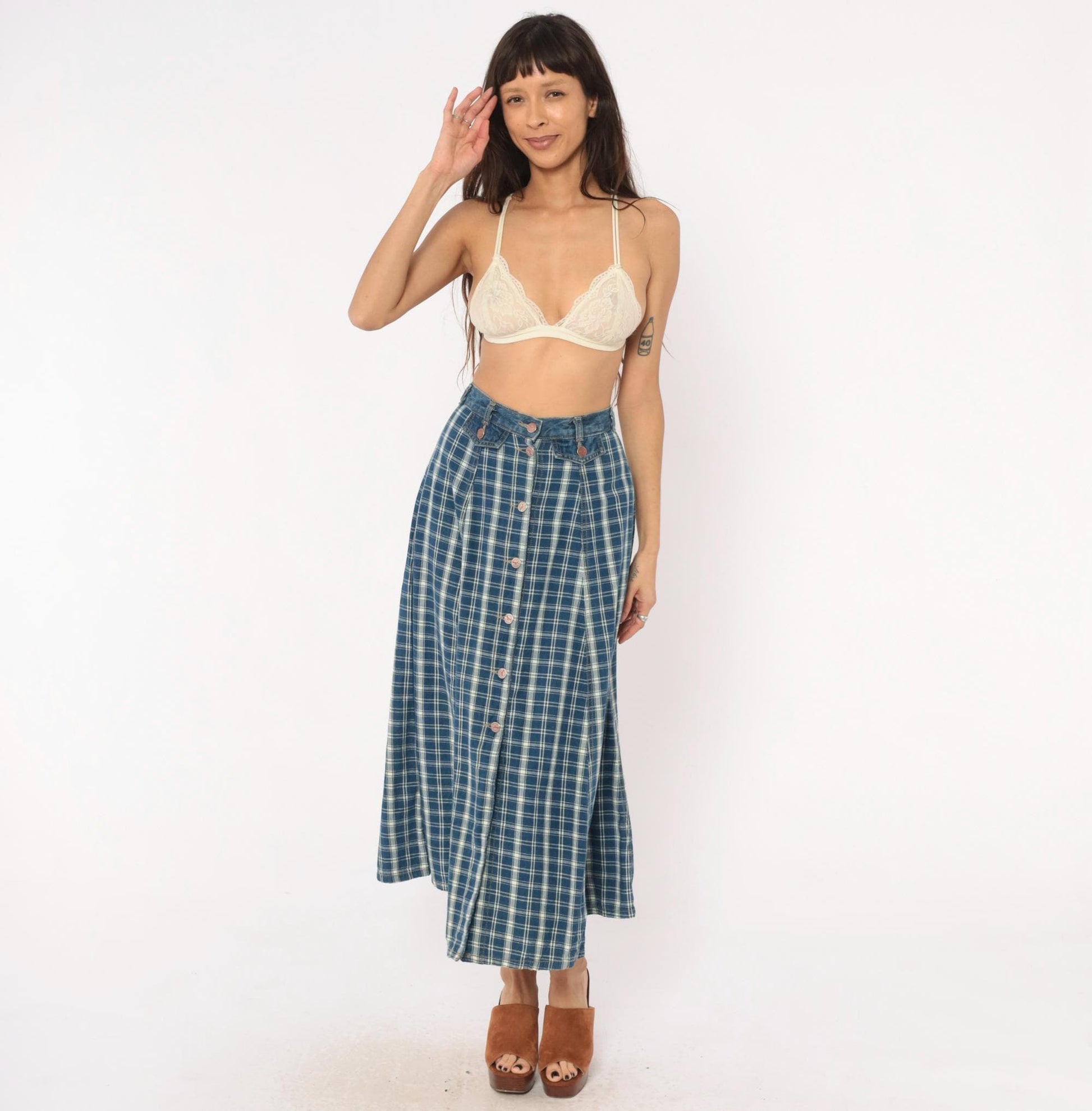 90s Outlaw Blue Plaid Cotton Midi Skirt Button Front XS