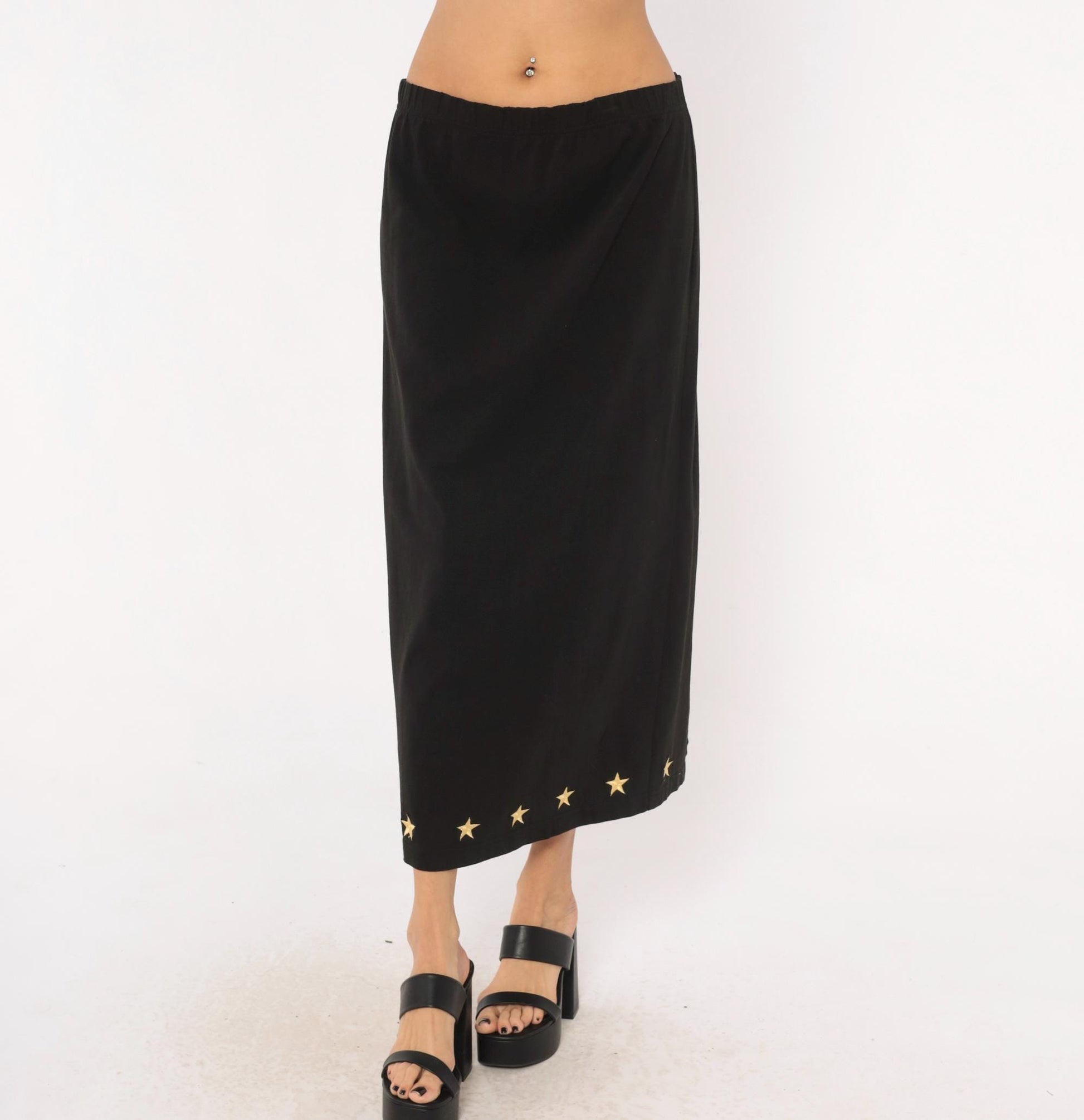 90s Quacker Factory Black Midi Skirt Gold Star Embroidered Medium M