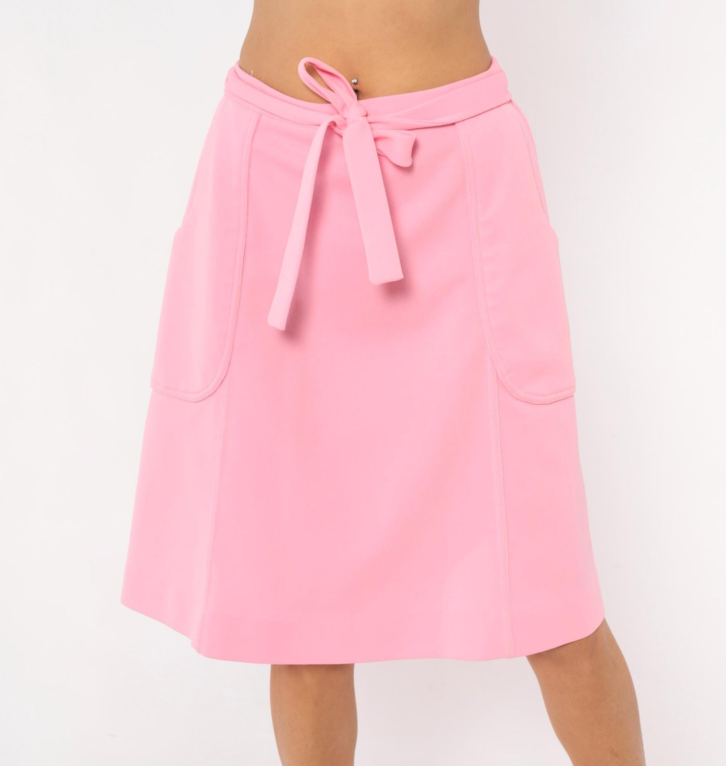 70s Bubblegum Pink Wrap Skirt Tie Waist Patch Pockets Knee-Length Medium