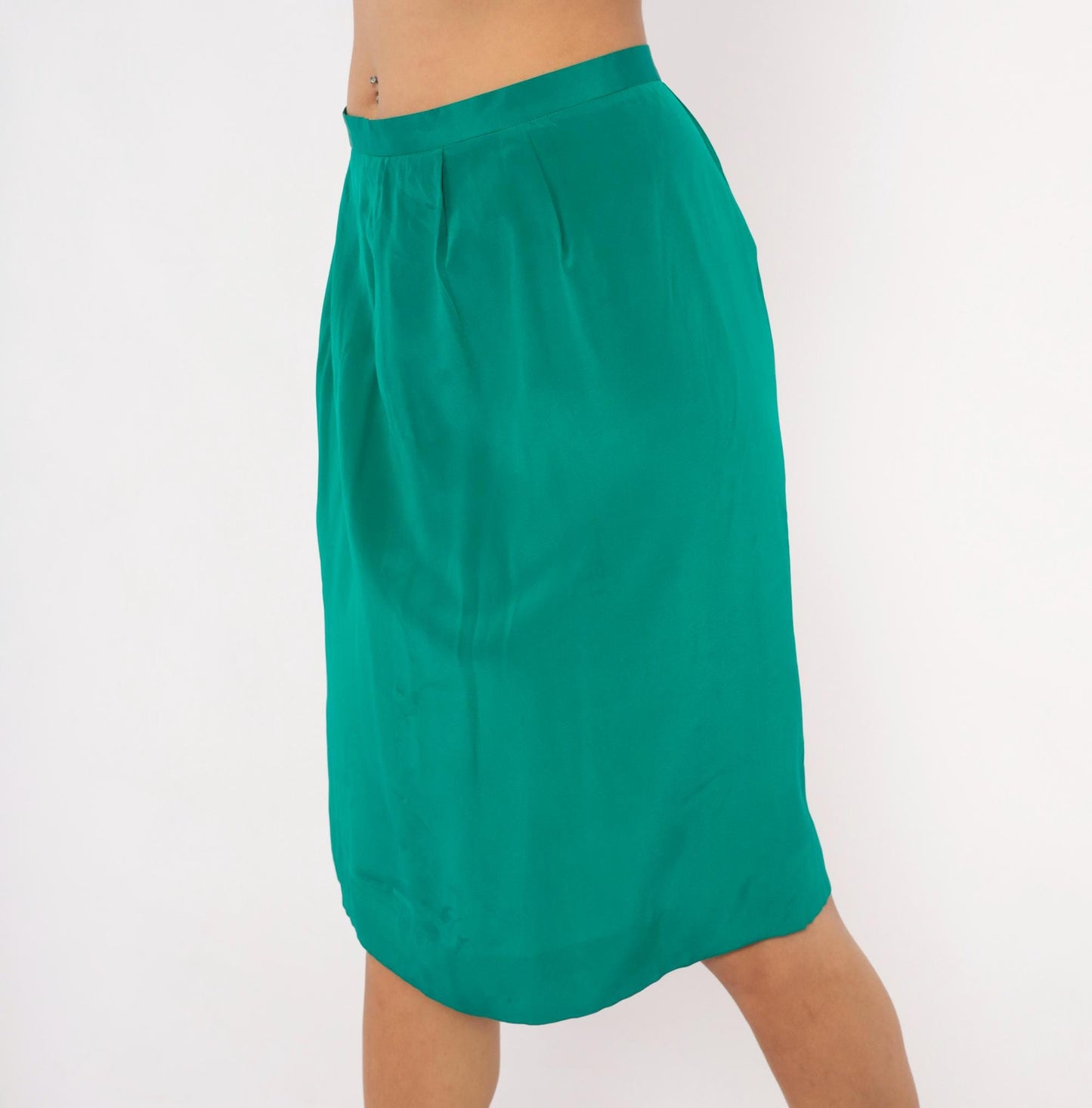 90s Teal Pencil Skirt Emerald Green Pleated A-Line Knee-Length Medium M