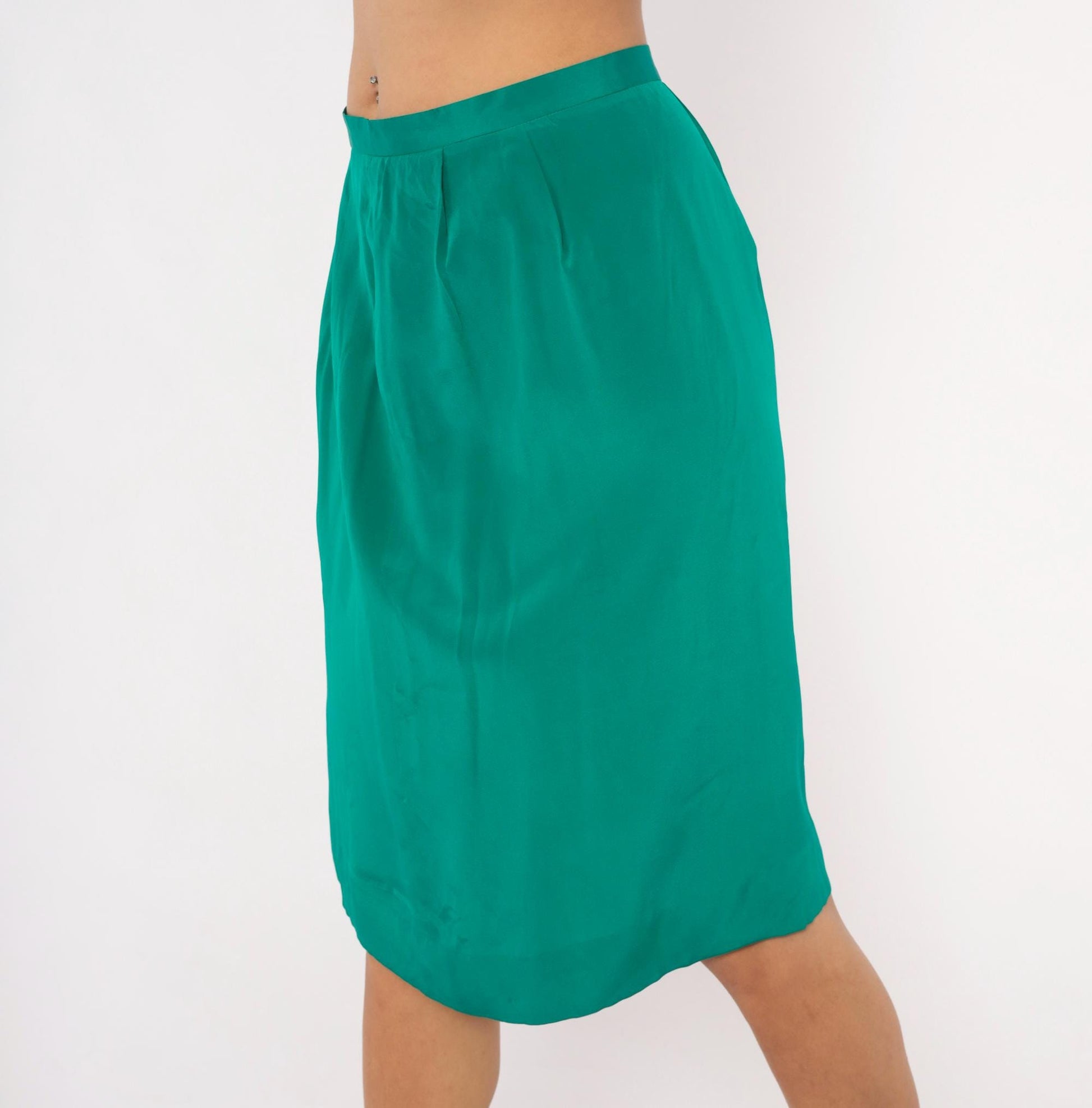 90s Teal Pencil Skirt Emerald Green Pleated A-Line Knee-Length Medium M