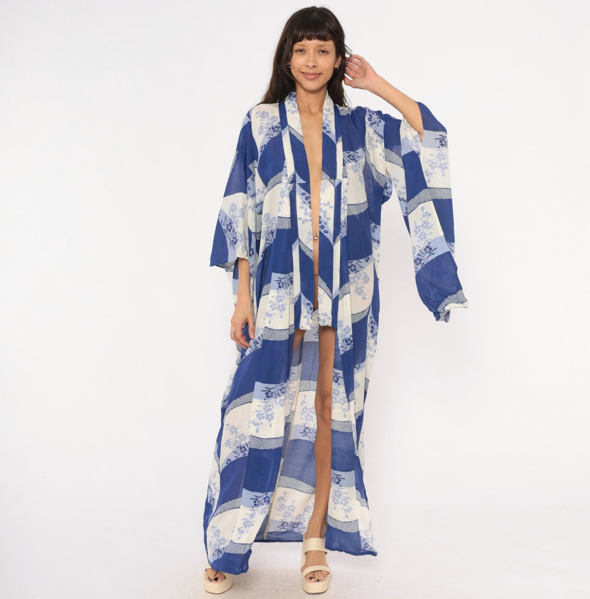 70s Japanese Kimono Robe Cobalt Blue Floral Maxi Open Front Small to Large