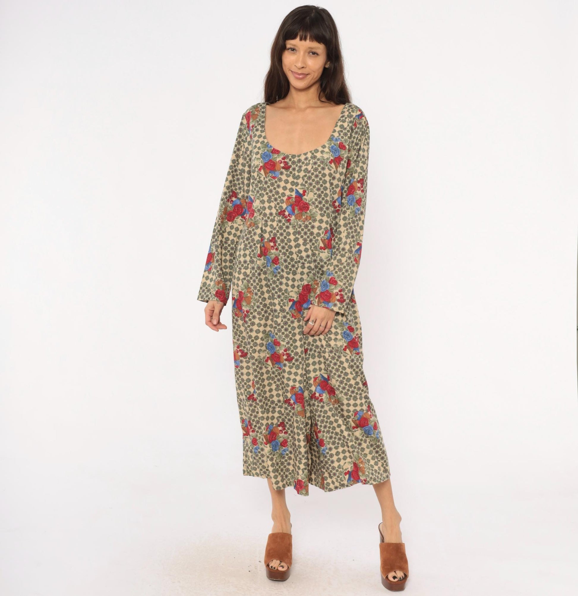 90s Floral Jumpsuit Cream Scoop Neck Long Sleeve Rose Medallion Print Large L