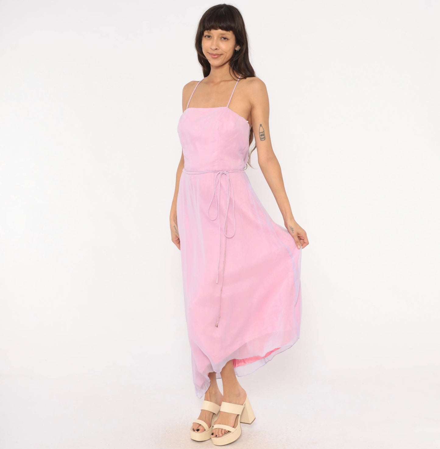 90s Jim Hjelm Lilac Pink Chiffon Maxi Gown Spaghetti Strap Criss Cross Back Medium M