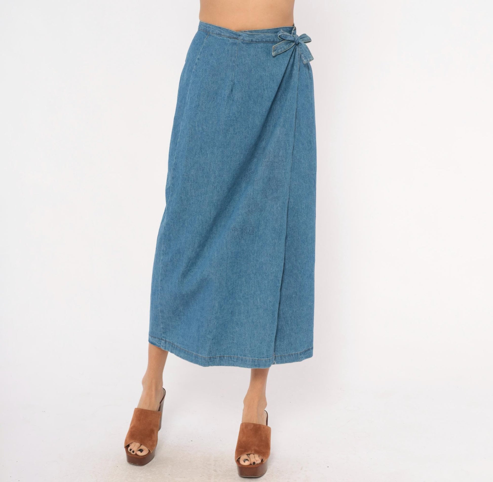 90s Founded 1989 Denim Wrap Skirt Midi Blue Chambray Cotton Extra Small