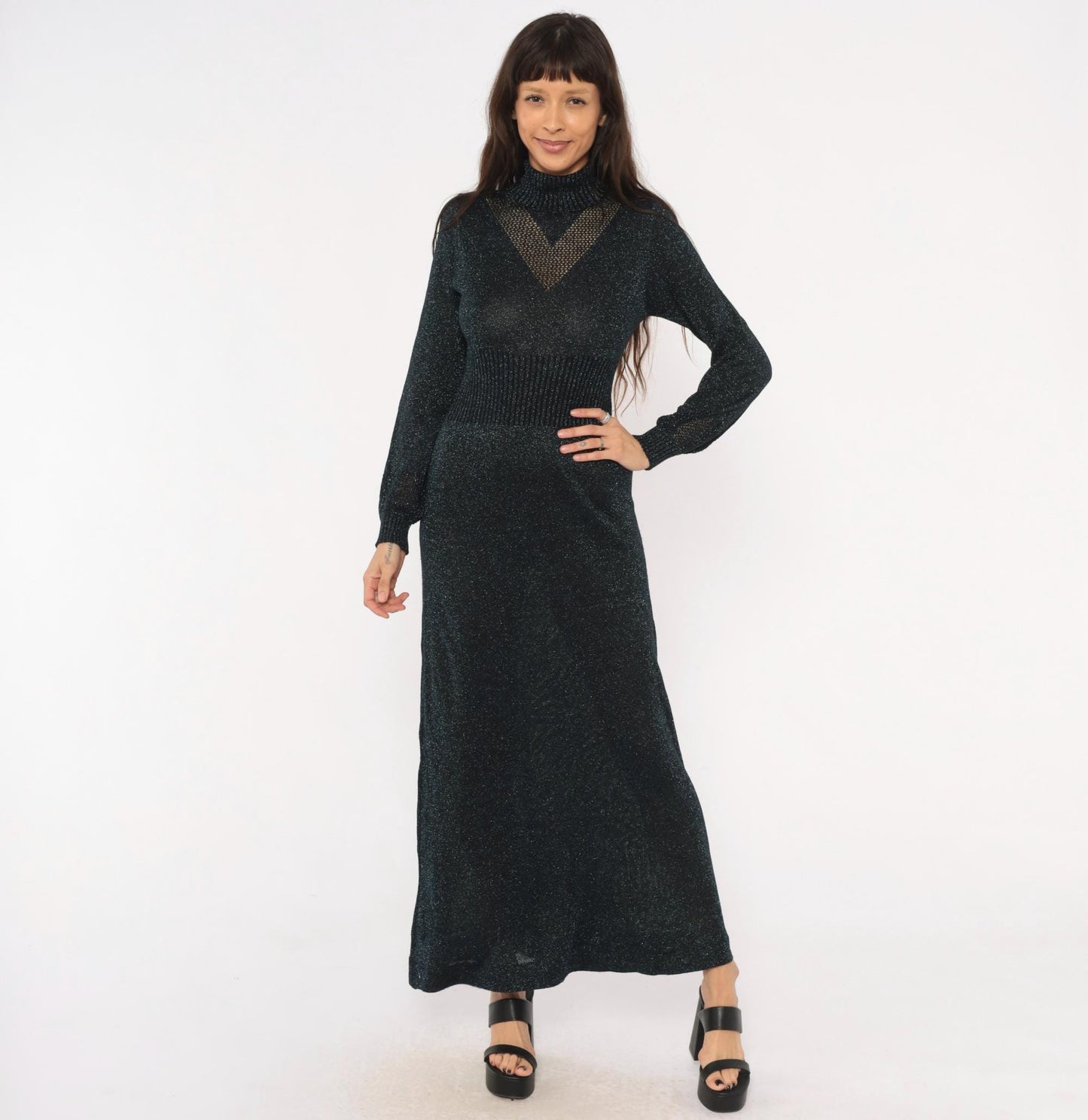 70s Wenjilli Navy Lurex Knit Maxi Dress Metallic Chevron Panel Bishop Sleeve Small