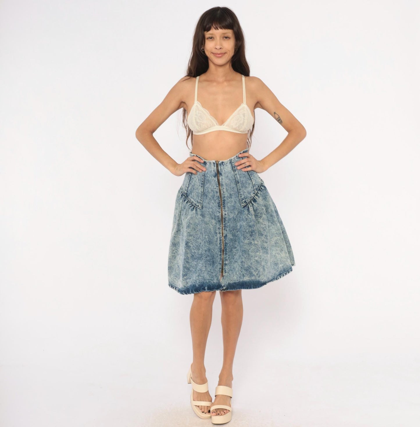 90s Weathered Blues Acid Wash Denim Skirt High Waist A-Line Small S