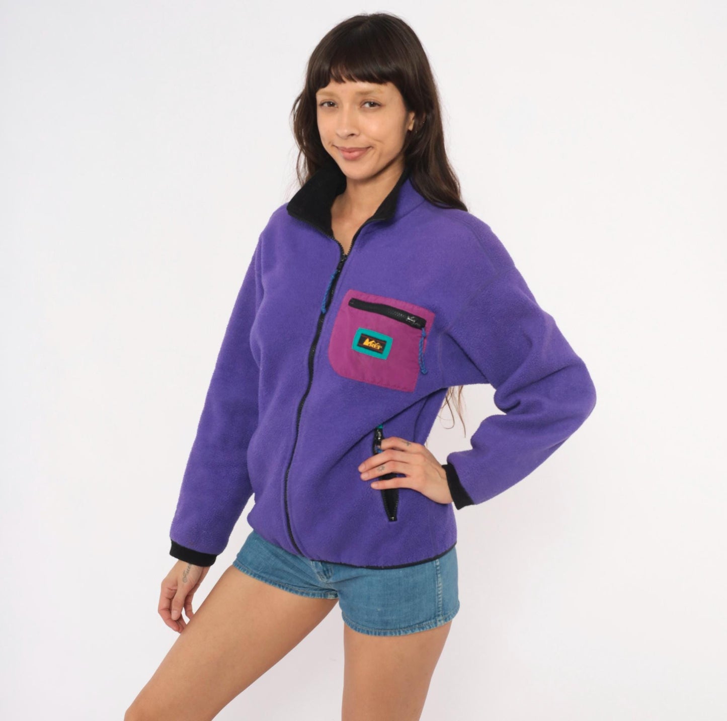 90s REI Purple Fleece Jacket Full Zip Colorblock Medium M