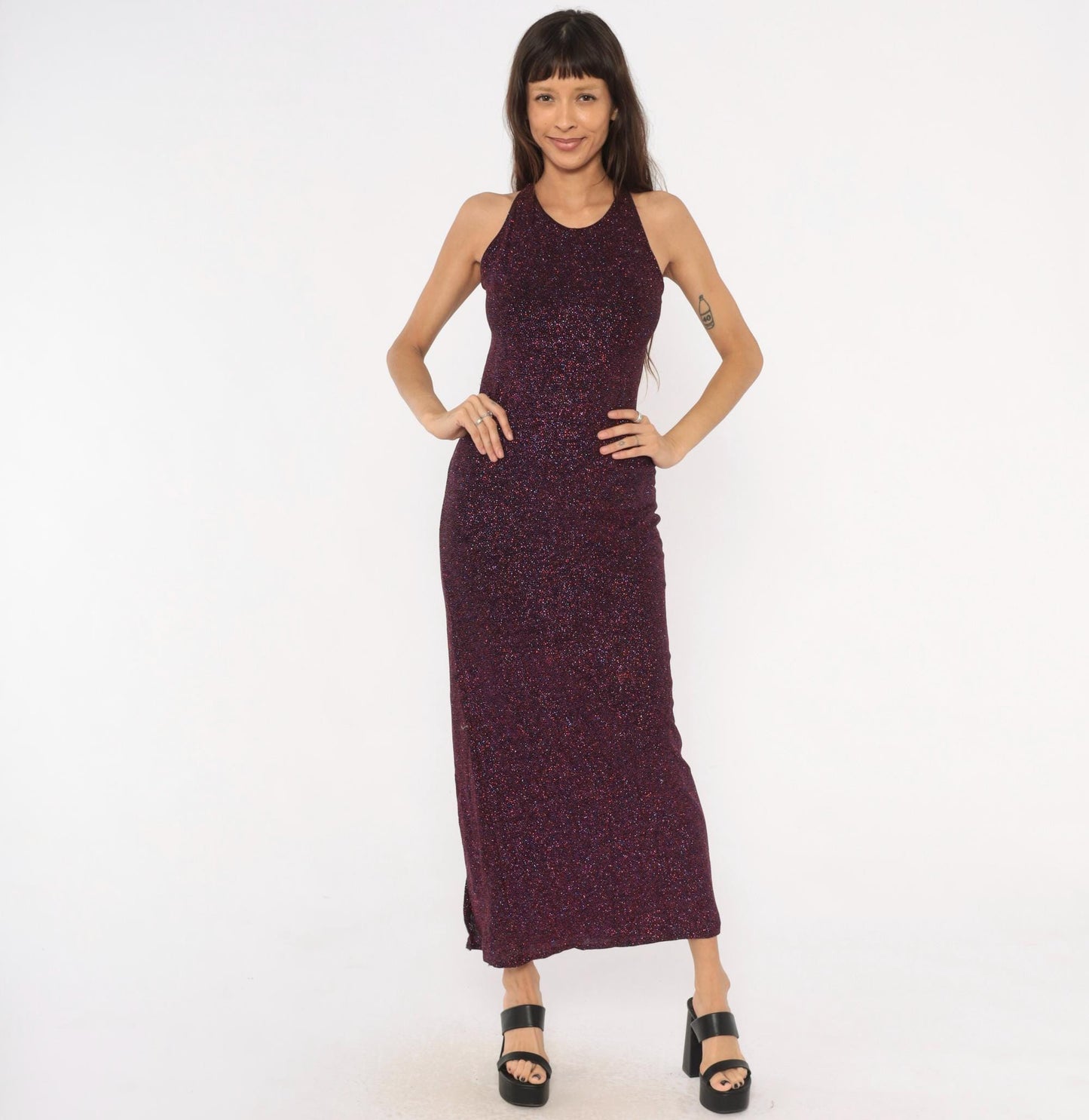 90s Jump Glitter Halter Maxi Dress Plum Purple Open Back Small S