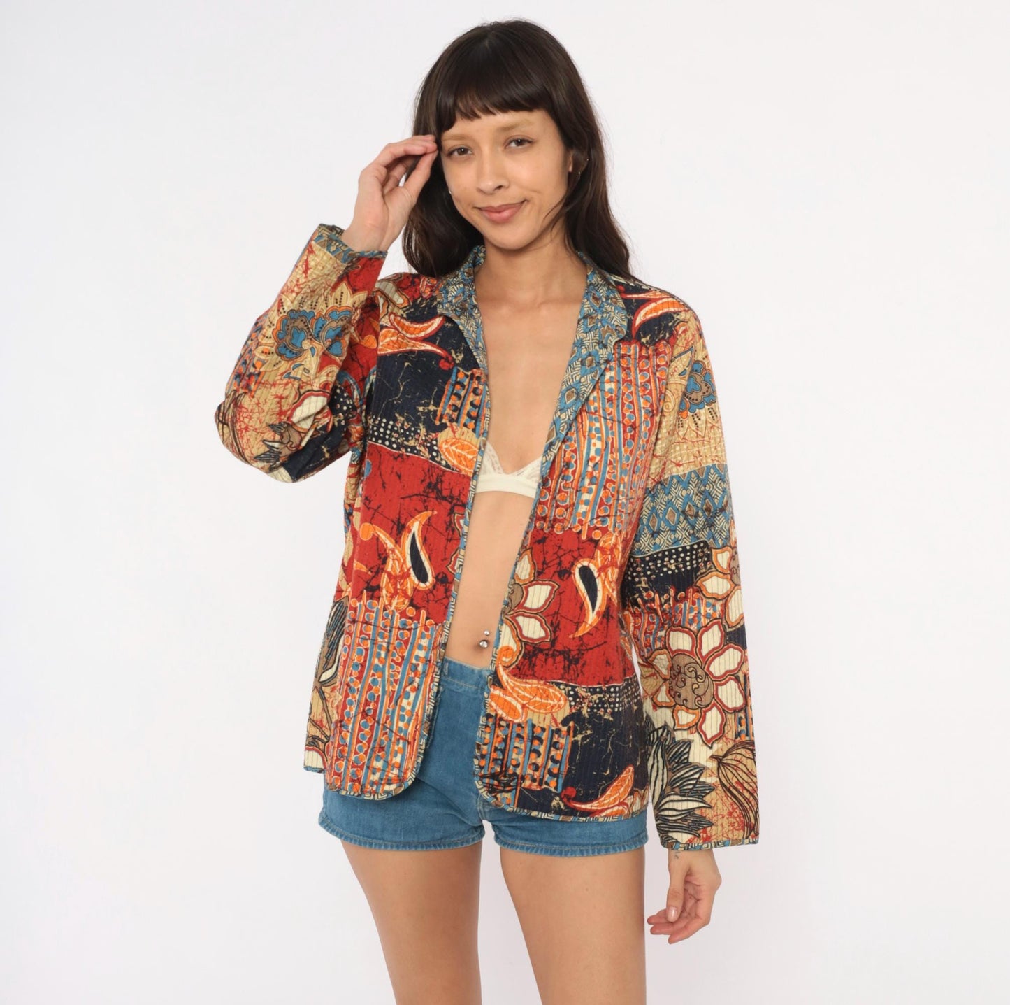 2000s Alfred Dunner Batik Patchwork Quilted Blazer Navy Red Orange Small