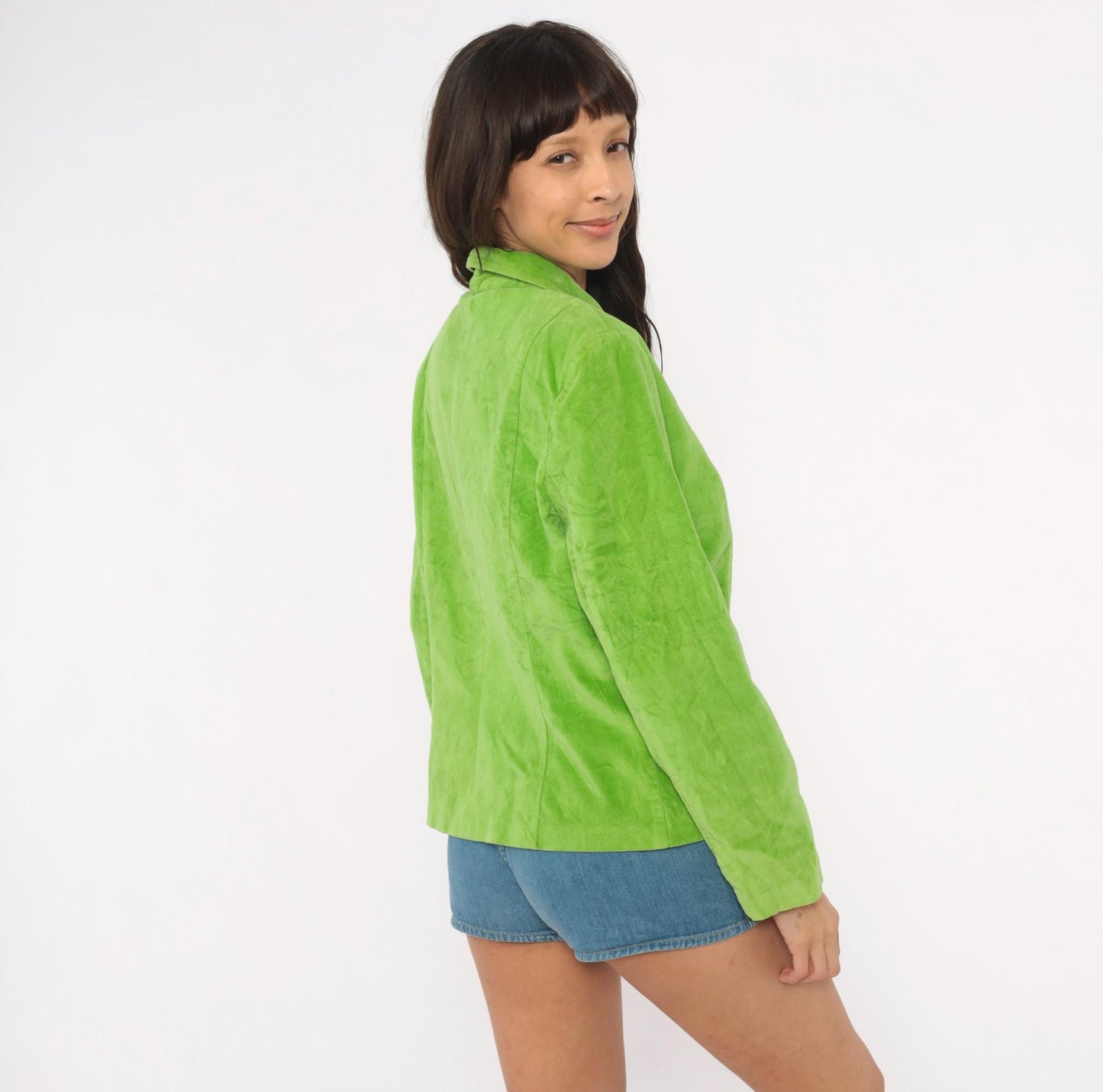 2000s RQT Lime Green Velvet Blazer Cotton Fitted Two-Button Jacket Large L