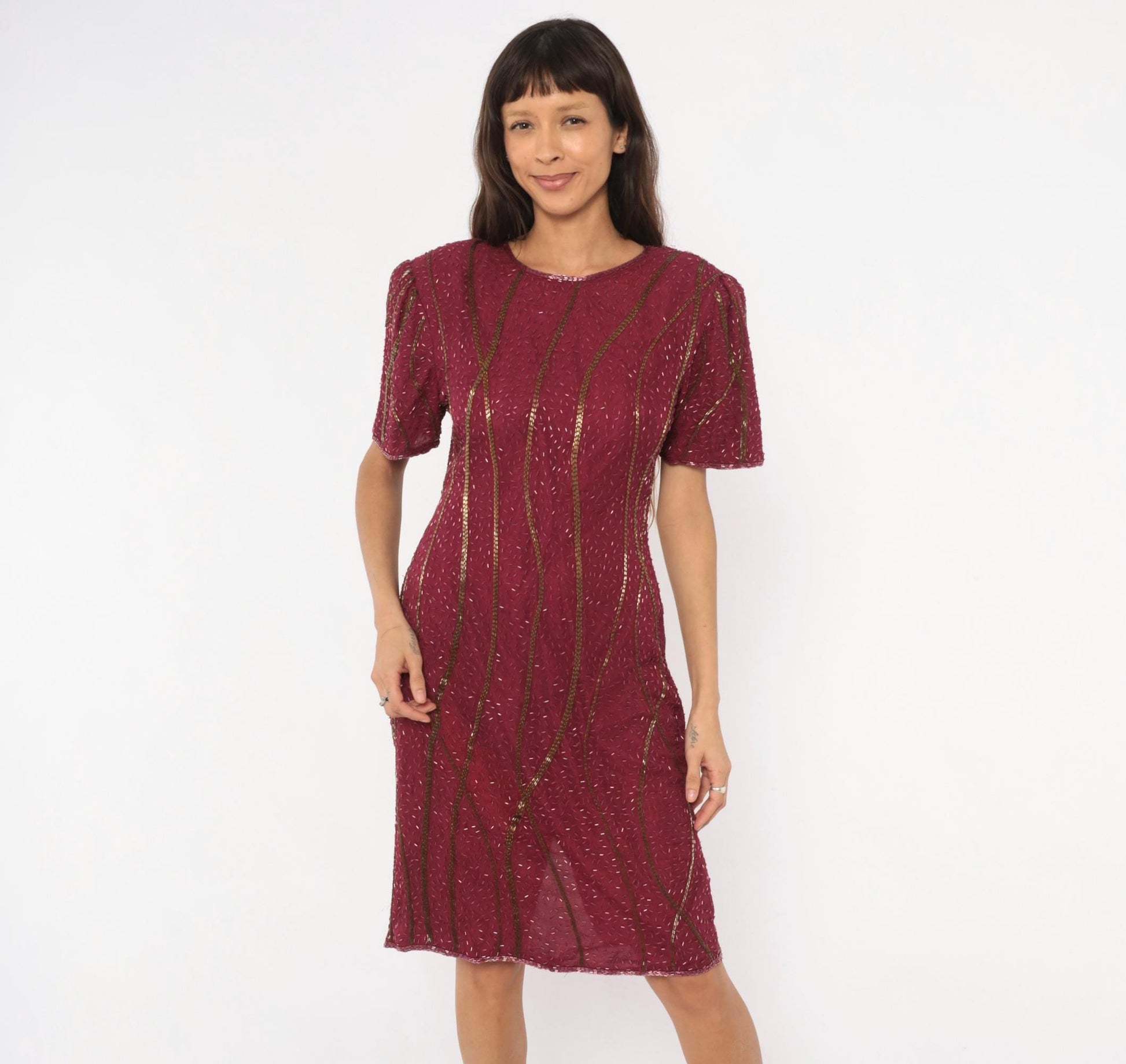 80s Sweelo Burgundy Beaded Dress Gold Bugle Bead Stripes Knee-Length Medium