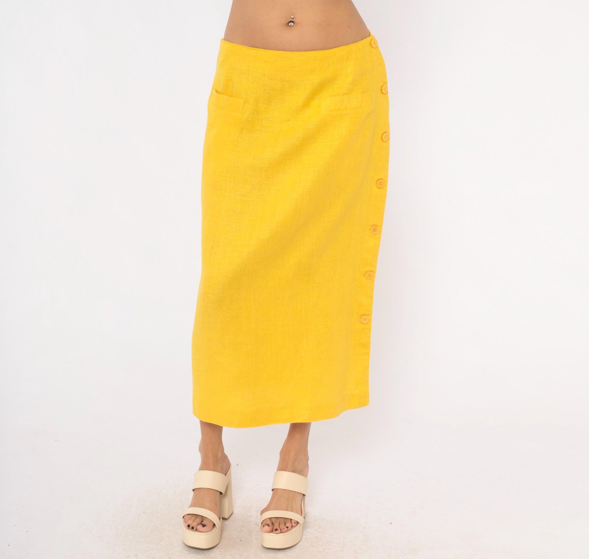 80s Ta. Whitney Linen Midi Skirt Golden Yellow A-Line Large L