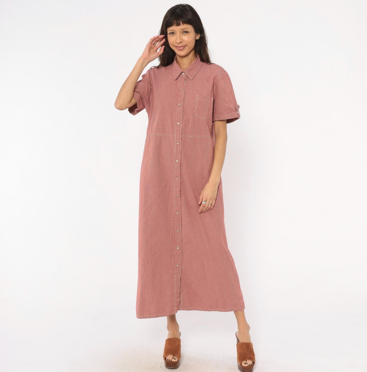90s White Stag Gingham Shirtdress Red Cream Check Cotton Maxi Extra Large